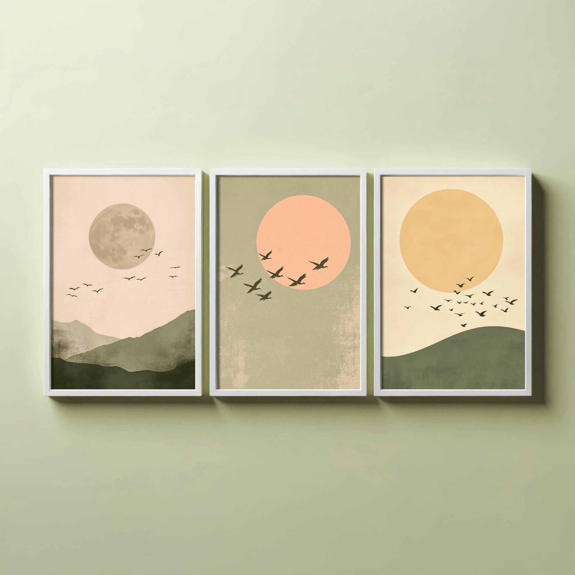 Birds in the Sky Set of Three Art Prints - Olive Green Boho Sun and Moon Posters - Minimalist Bird Flock Illustration Decor