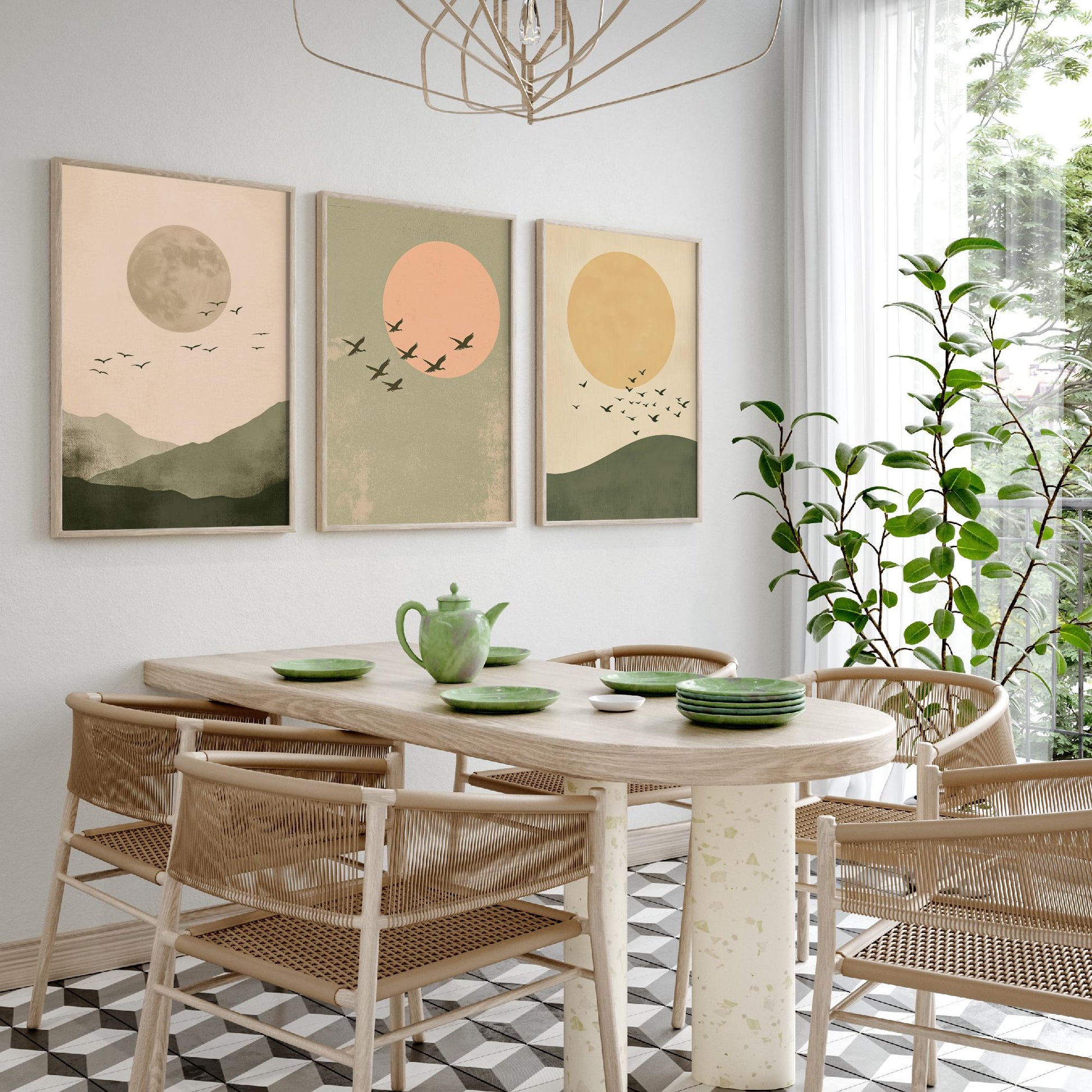 Birds in the Sky Set of Three Art Prints - Olive Green Boho Sun and Moon Posters - Minimalist Bird Flock Illustration Decor