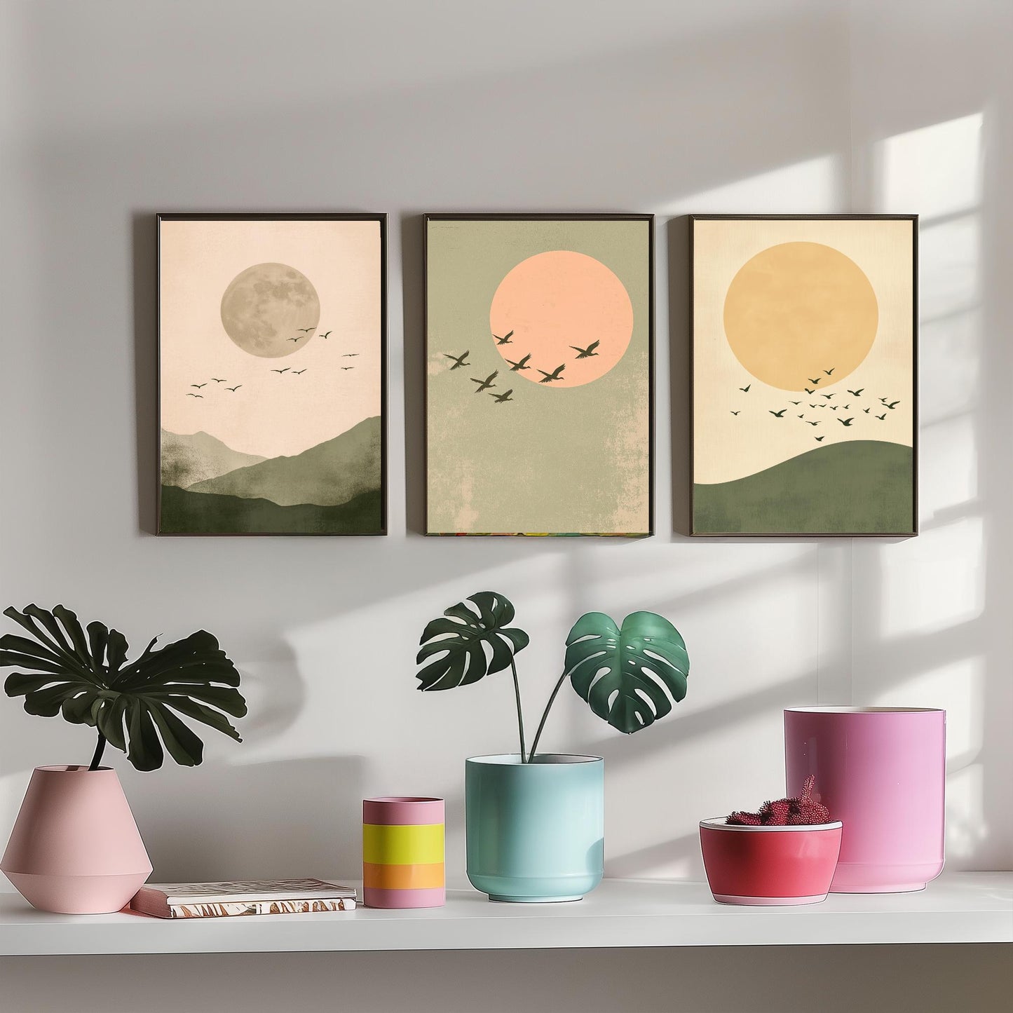 Birds in the Sky Set of Three Art Prints - Olive Green Boho Sun and Moon Posters - Minimalist Bird Flock Illustration Decor