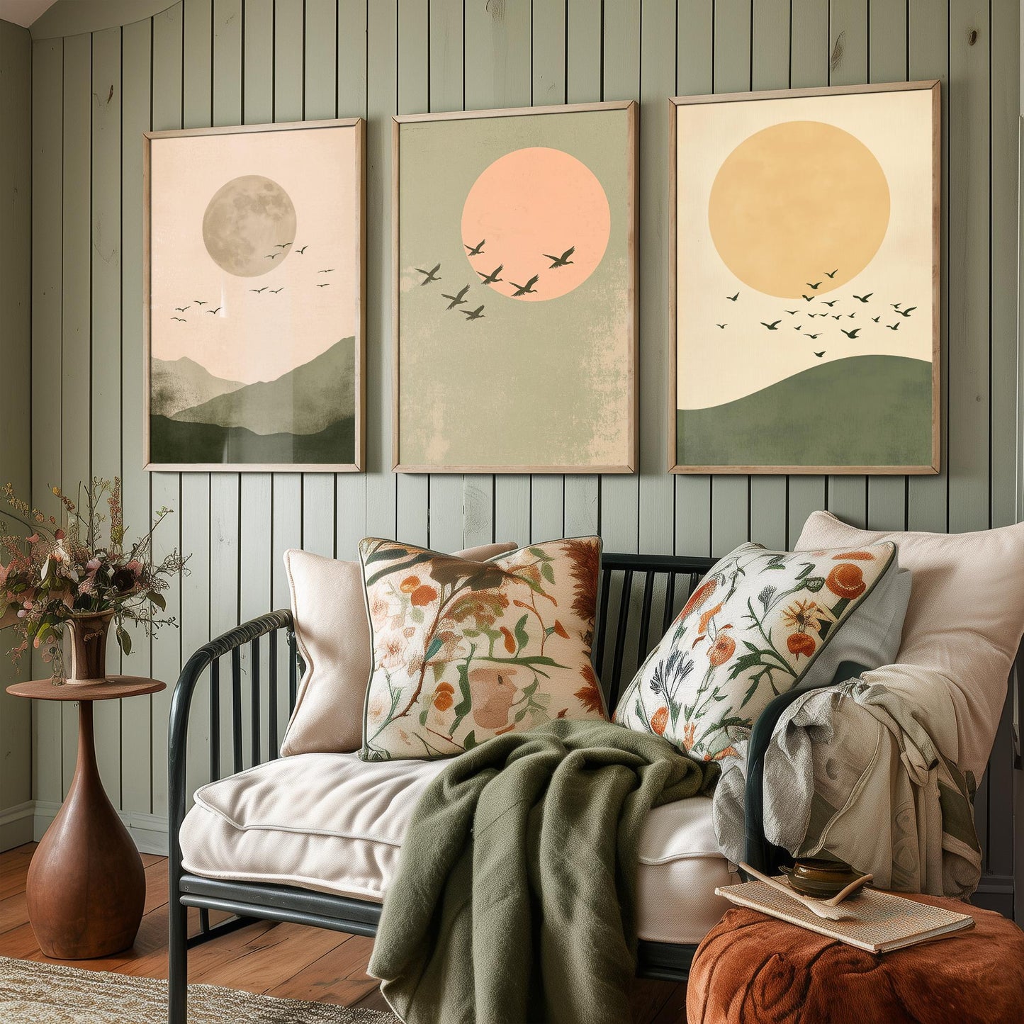 Birds in the Sky Set of Three Art Prints - Olive Green Boho Sun and Moon Posters - Minimalist Bird Flock Illustration Decor
