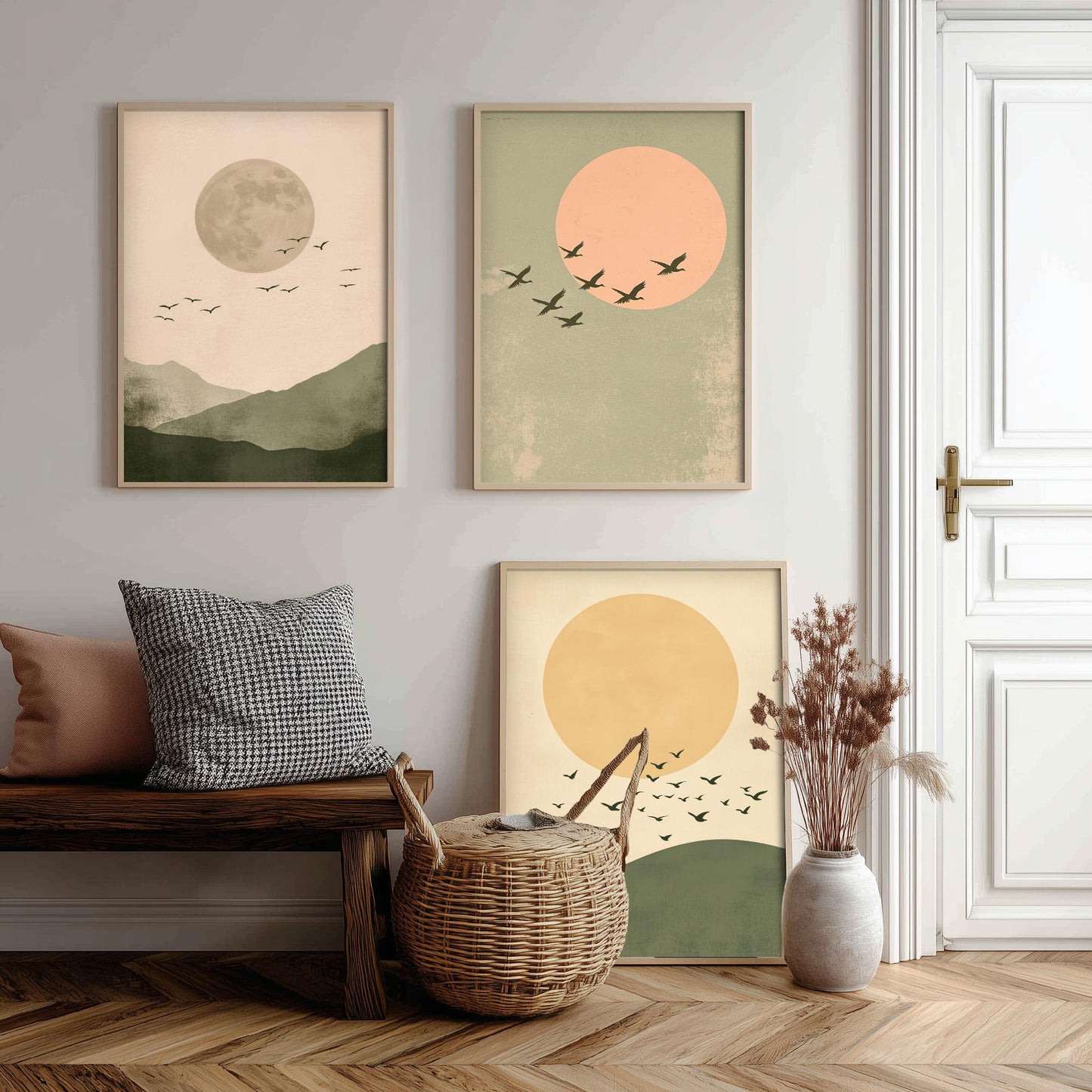 Birds in the Sky Set of Three Art Prints - Olive Green Boho Sun and Moon Posters - Minimalist Bird Flock Illustration Decor