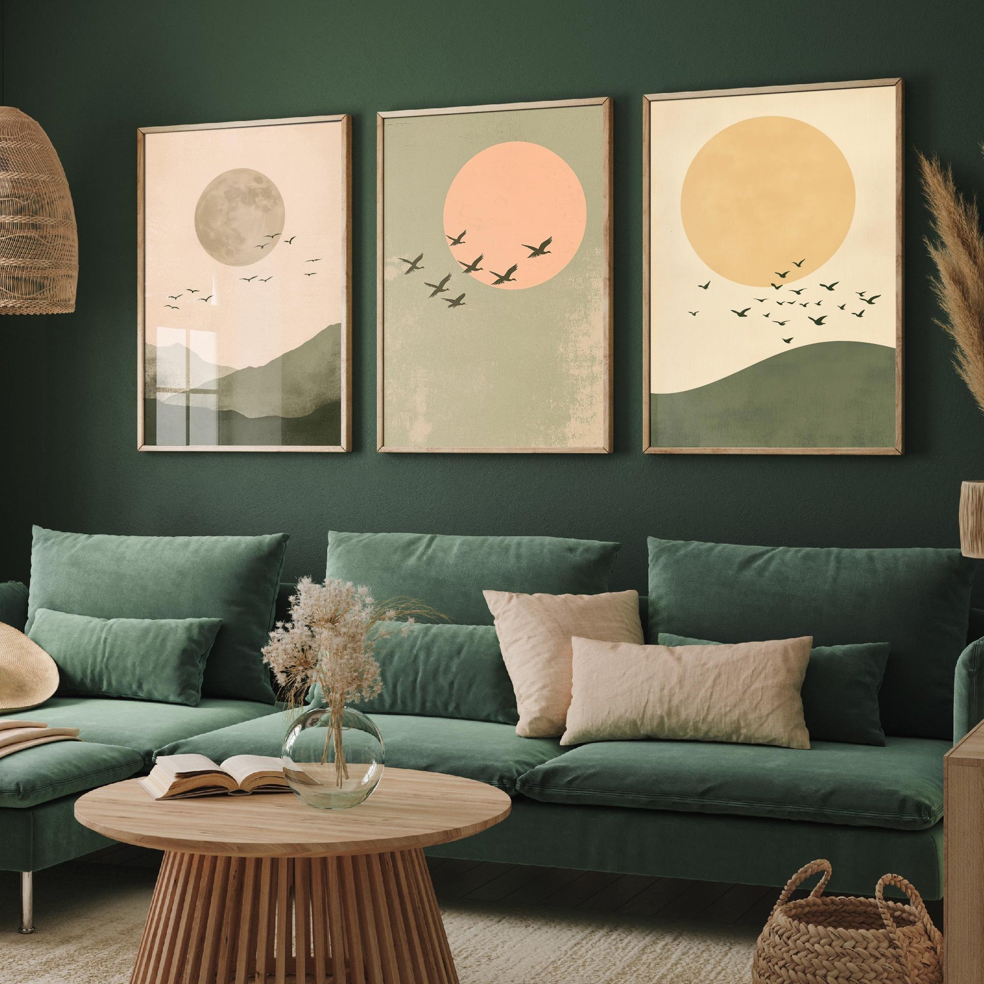 Birds in the Sky Set of Three Art Prints - Olive Green Boho Sun and Moon Posters - Minimalist Bird Flock Illustration Decor