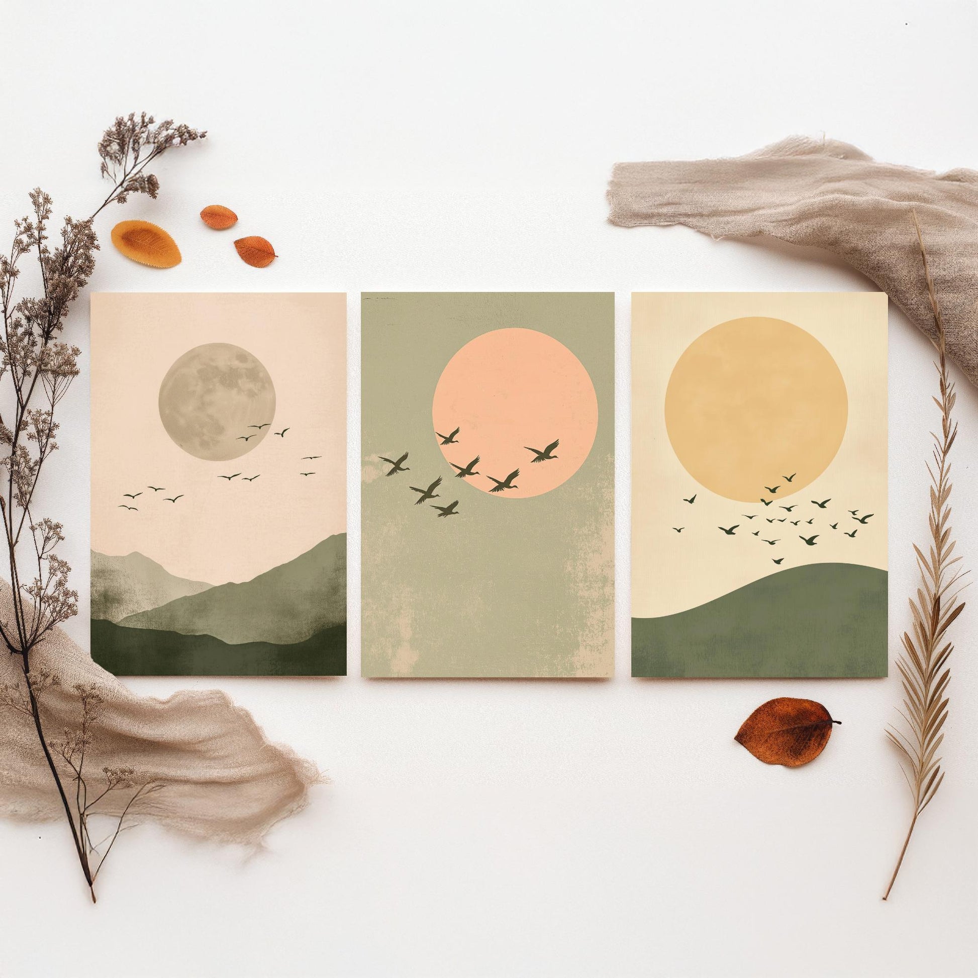 Birds in the Sky Set of Three Art Prints - Olive Green Boho Sun and Moon Posters - Minimalist Bird Flock Illustration Decor