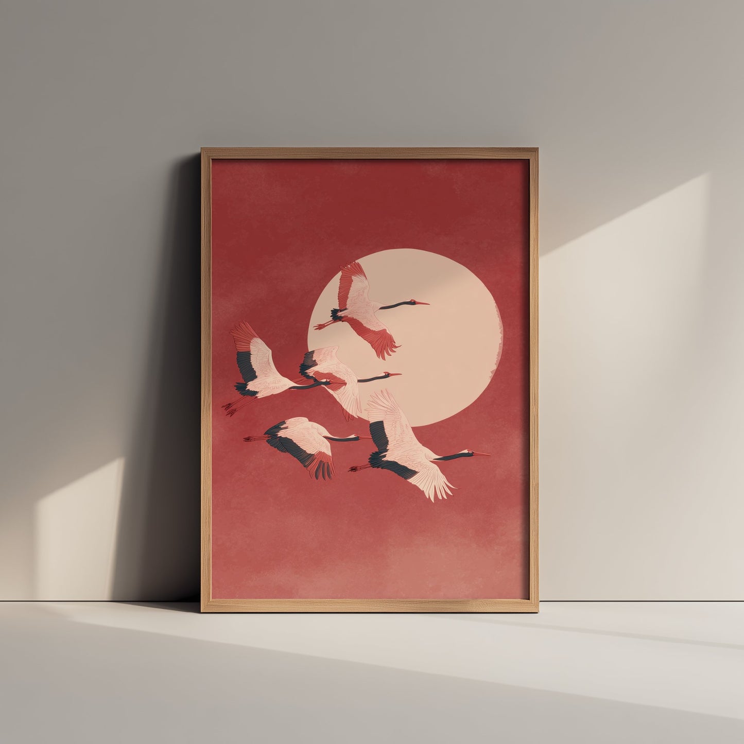Flying Cranes Red Moon Art Print - Minimalist Bird Illustration - Japandi Wall Art - Coral Sky Poster 1/3