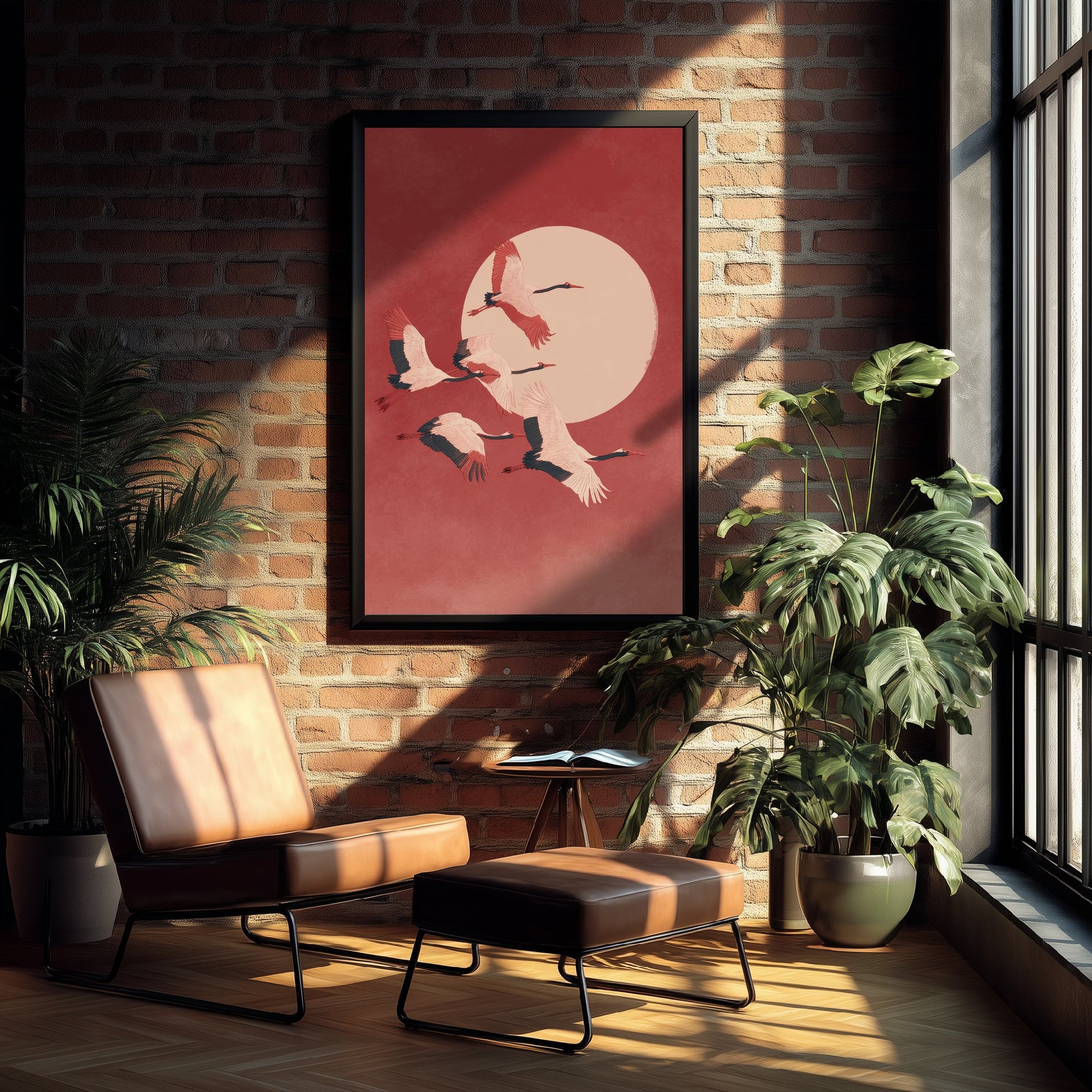 Flying Cranes Red Moon Art Print - Minimalist Bird Illustration - Japandi Wall Art - Coral Sky Poster 1/3