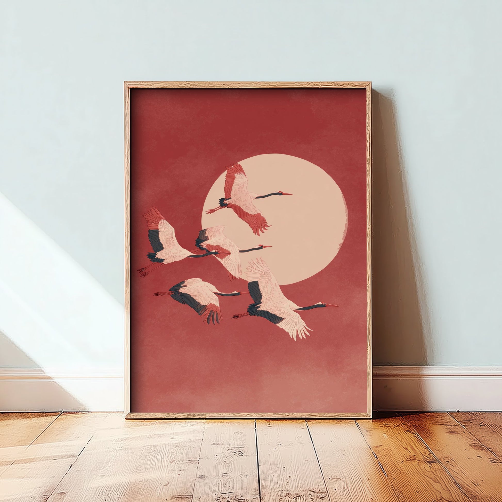 Flying Cranes Red Moon Art Print - Minimalist Bird Illustration - Japandi Wall Art - Coral Sky Poster 1/3