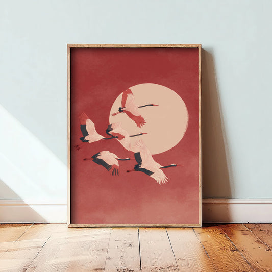 Flying Cranes Red Moon Art Print - Minimalist Bird Illustration - Japandi Wall Art - Coral Sky Poster 1/3