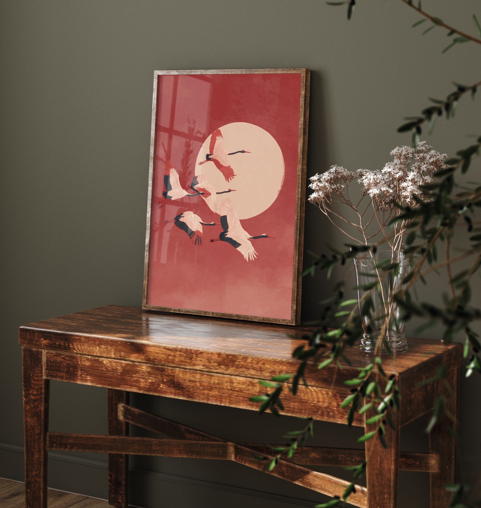 Flying Cranes Red Moon Art Print - Minimalist Bird Illustration - Japandi Wall Art - Coral Sky Poster 1/3