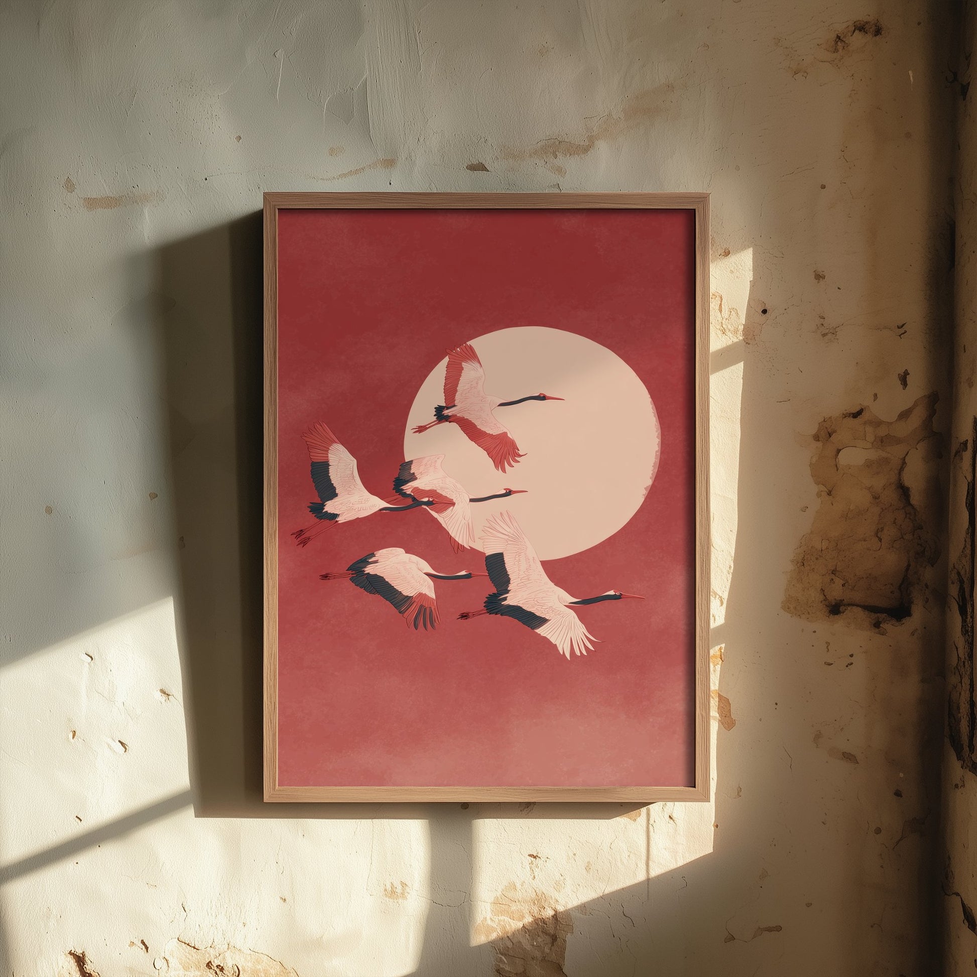 Flying Cranes Red Moon Art Print - Minimalist Bird Illustration - Japandi Wall Art - Coral Sky Poster 1/3