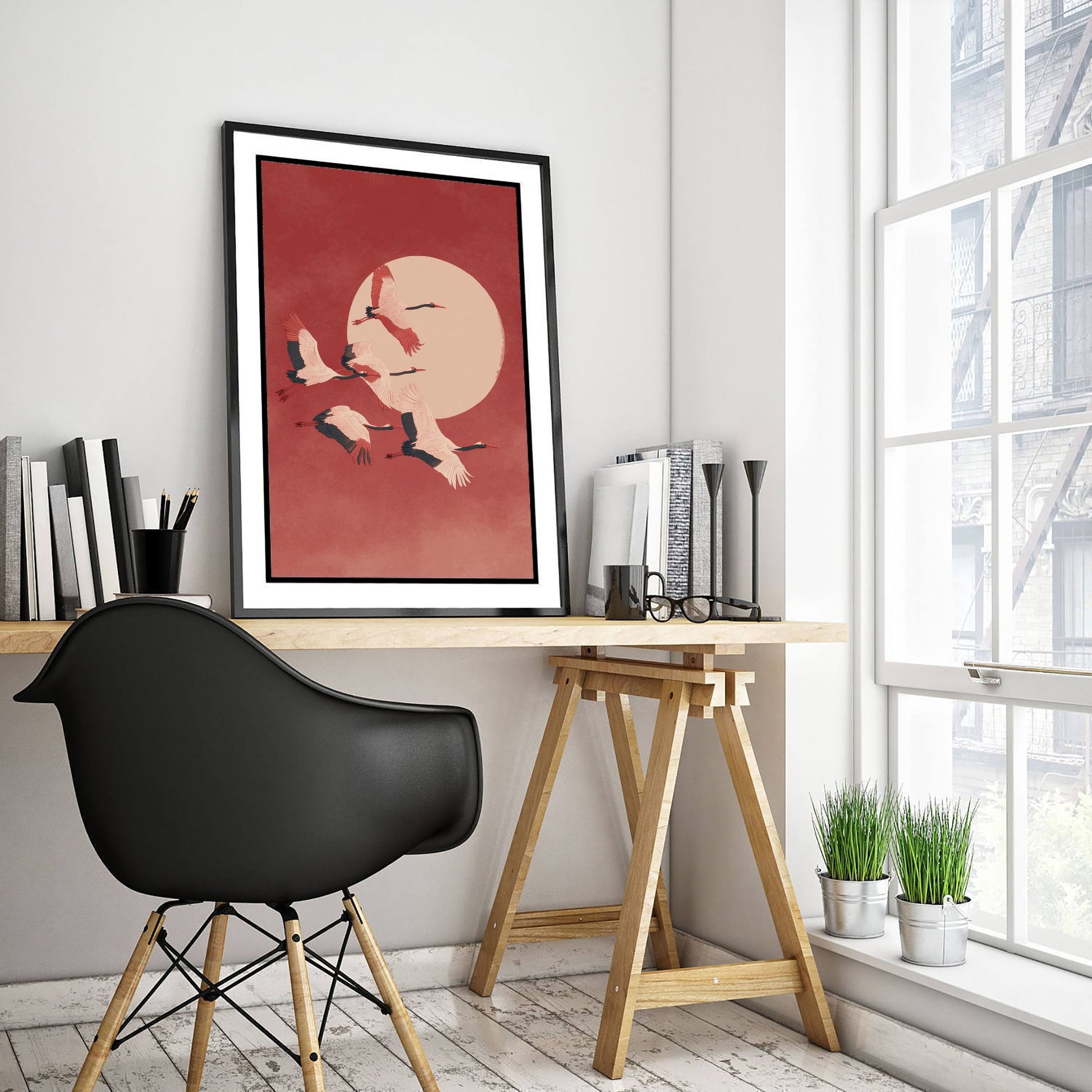 Flying Cranes Red Moon Art Print - Minimalist Bird Illustration - Japandi Wall Art - Coral Sky Poster 1/3