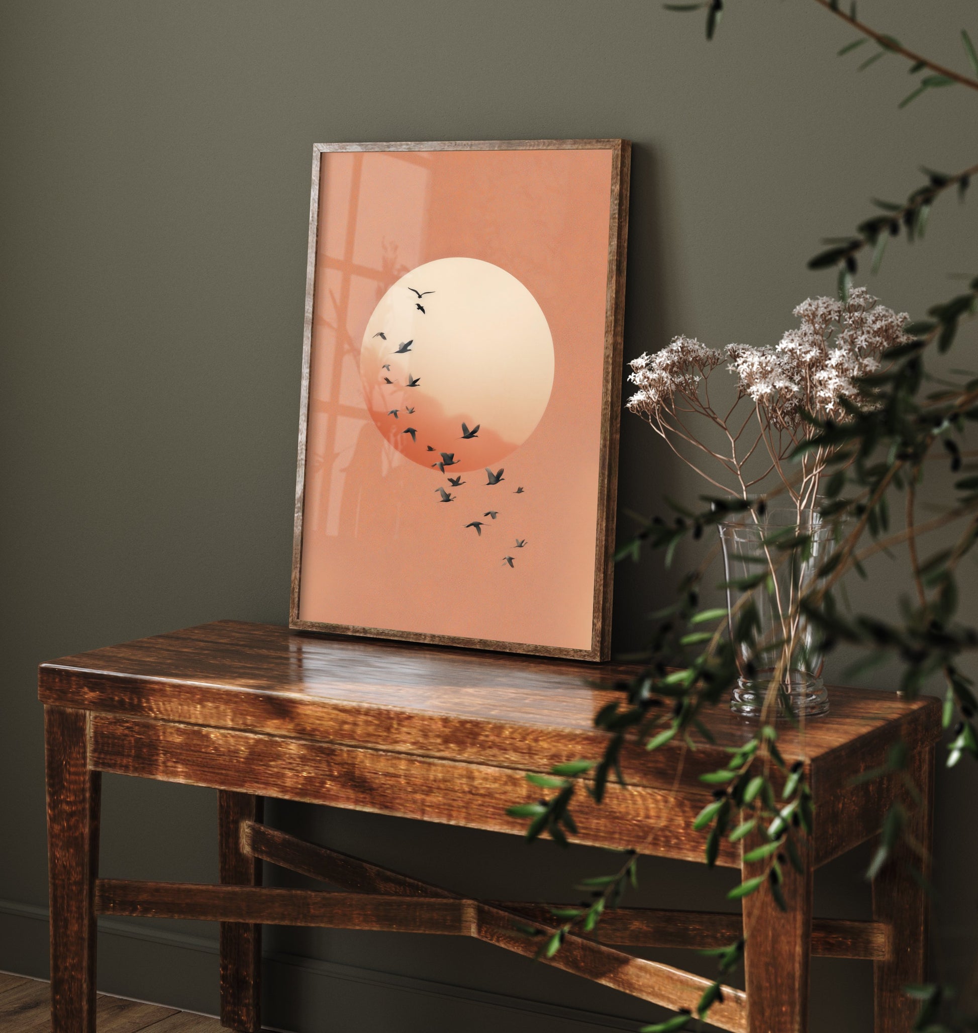 Flying Cranes Moon Art Print - Minimalist Bird Illustration - Japandi Wall Art - Peach Sky Bird Poster 2/3