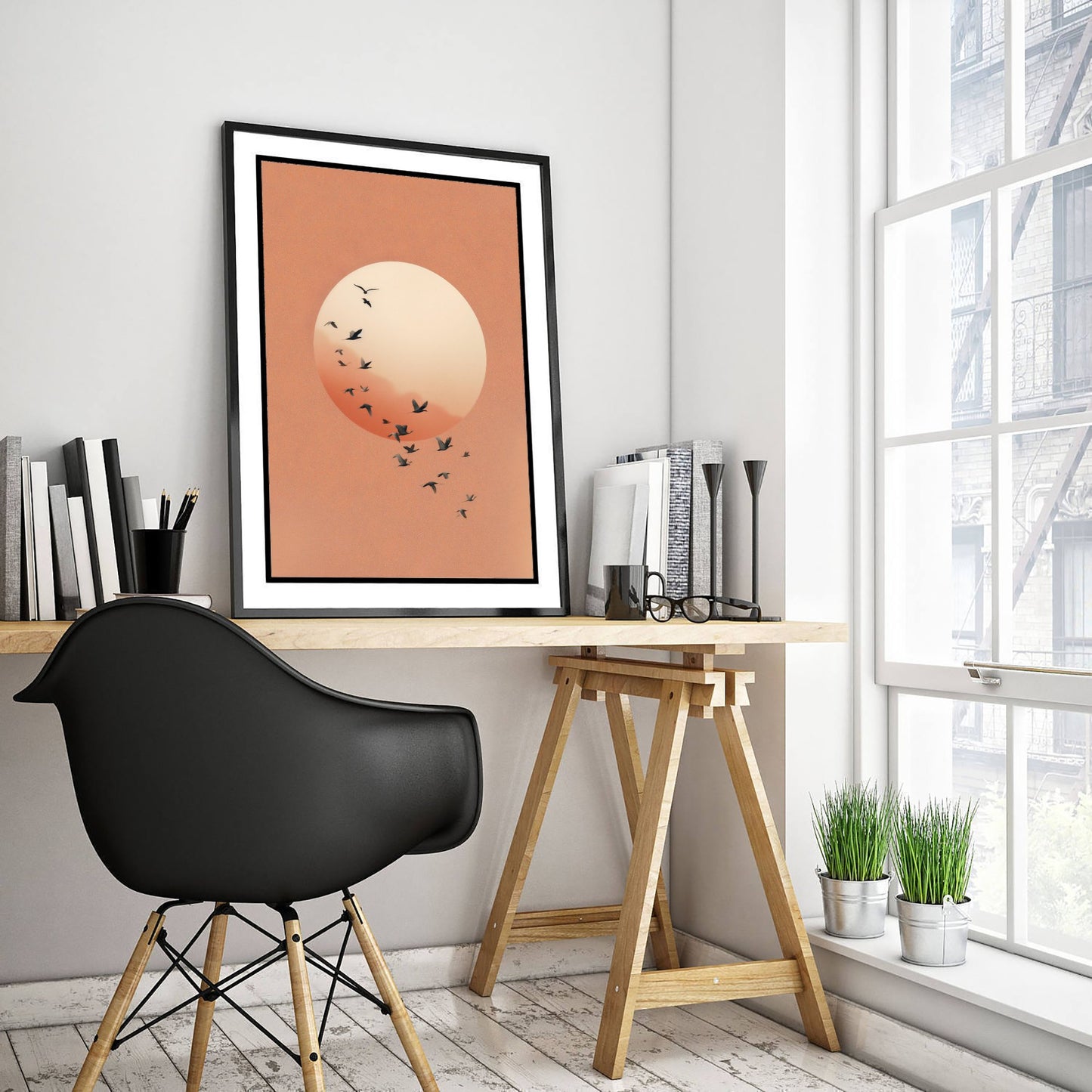 Flying Cranes Moon Art Print - Minimalist Bird Illustration - Japandi Wall Art - Peach Sky Bird Poster 2/3