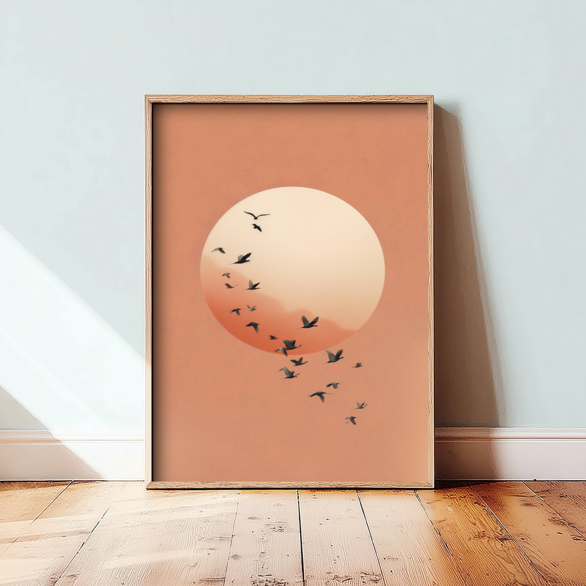 Flying Cranes Moon Art Print - Minimalist Bird Illustration - Japandi Wall Art - Peach Sky Bird Poster 2/3