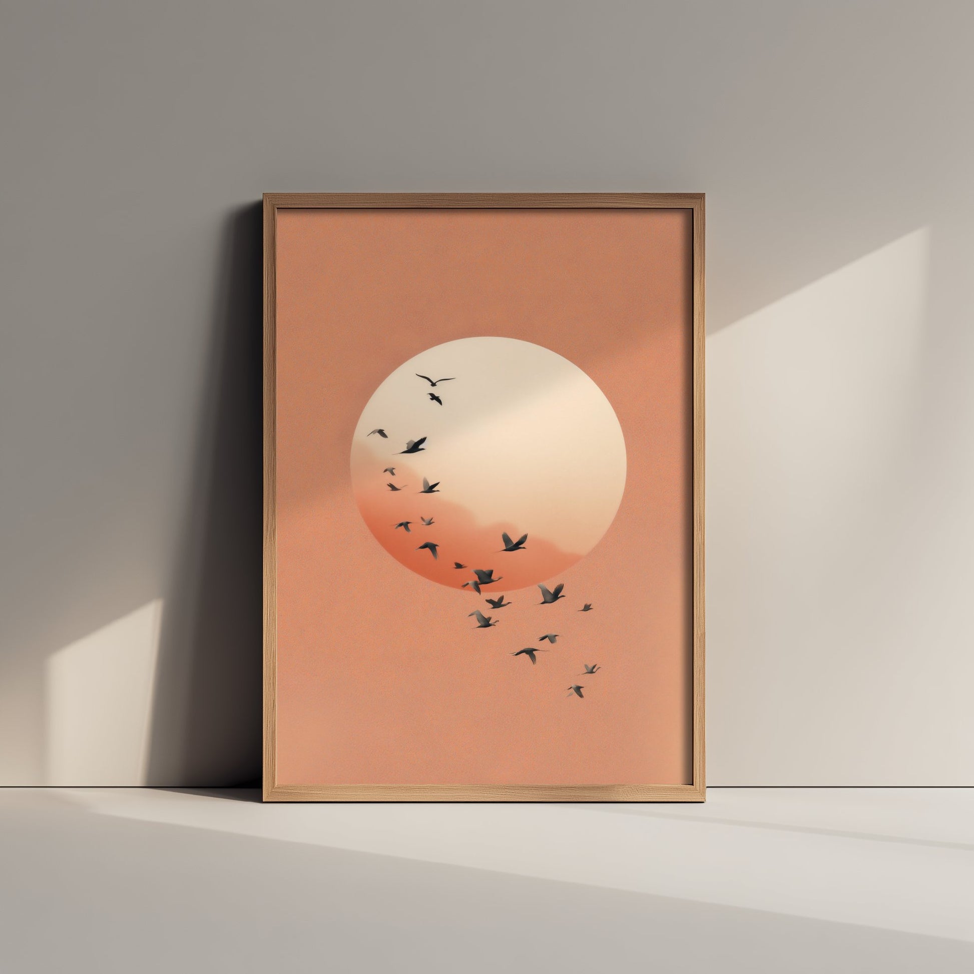 Flying Cranes Moon Art Print - Minimalist Bird Illustration - Japandi Wall Art - Peach Sky Bird Poster 2/3