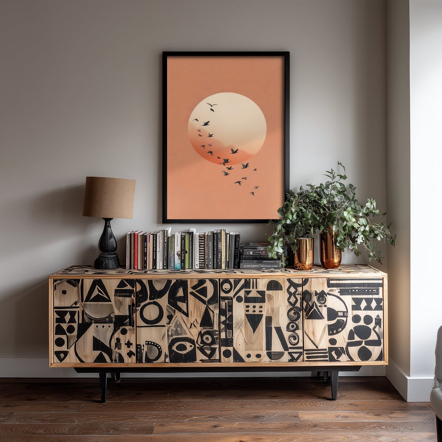 Flying Cranes Moon Art Print - Minimalist Bird Illustration - Japandi Wall Art - Peach Sky Bird Poster 2/3