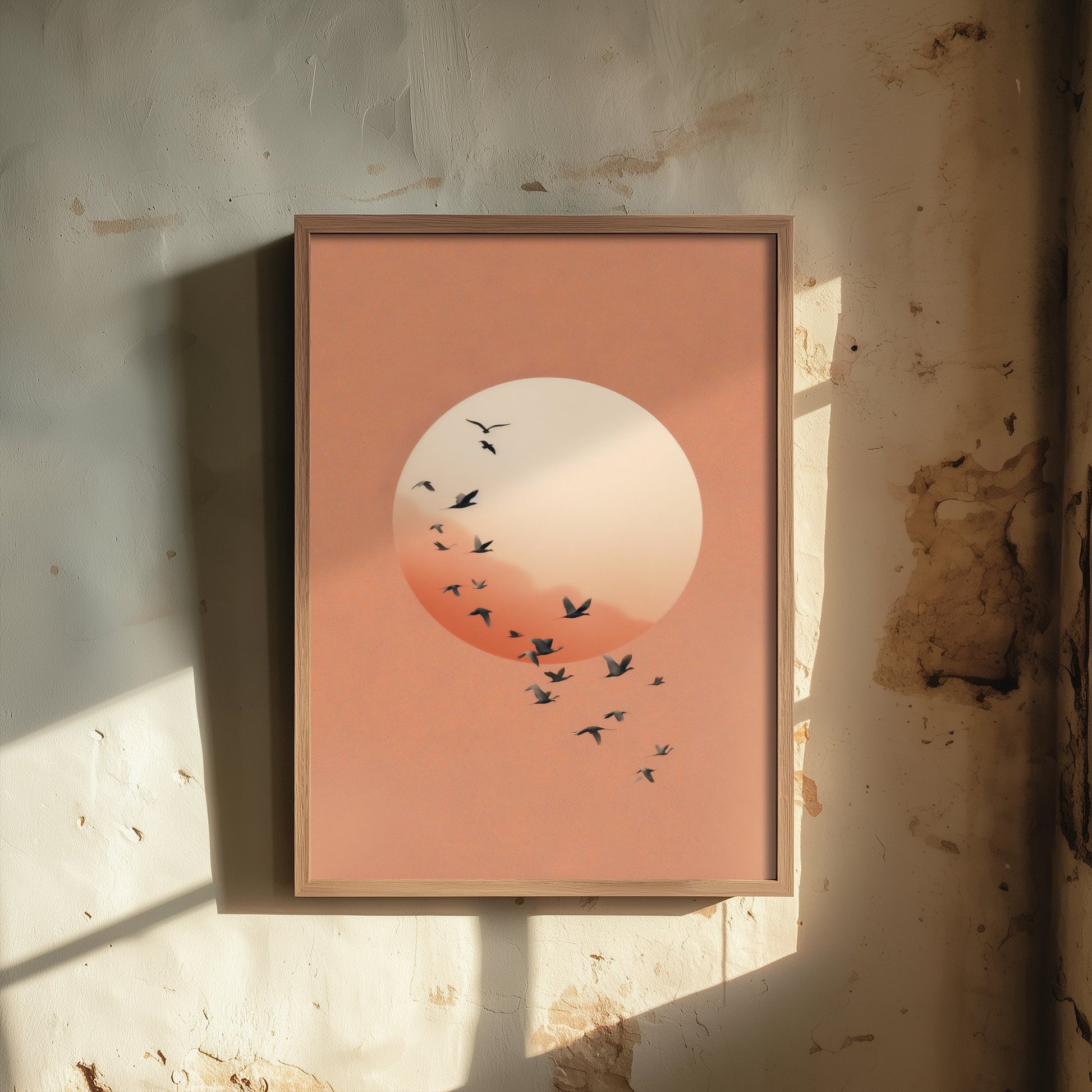 Flying Cranes Moon Art Print - Minimalist Bird Illustration - Japandi Wall Art - Peach Sky Bird Poster 2/3