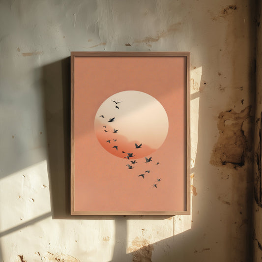 Flying Cranes Moon Art Print - Minimalist Bird Illustration - Japandi Wall Art - Peach Sky Bird Poster 2/3