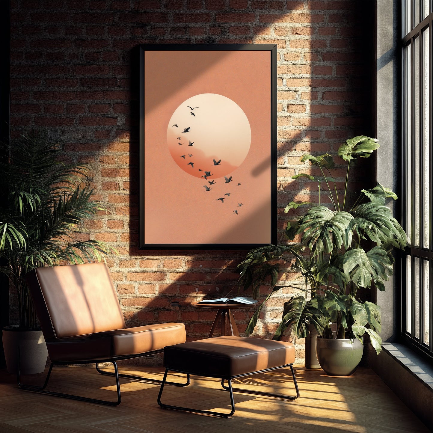 Flying Cranes Moon Art Print - Minimalist Bird Illustration - Japandi Wall Art - Peach Sky Bird Poster 2/3