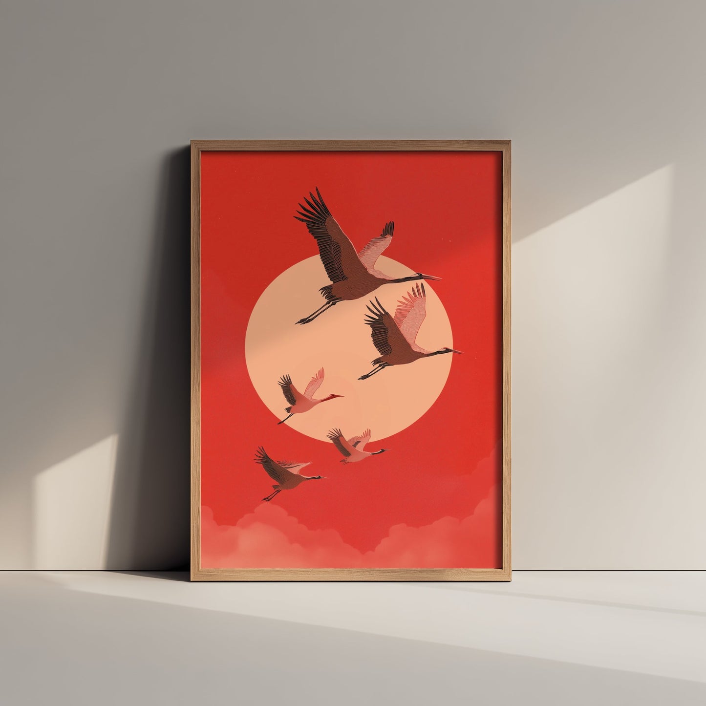 Flying Cranes Red Moon Art Print - Minimalist Bird Illustration - Japandi Wall Art - Bold Red Bird Poster 3/3