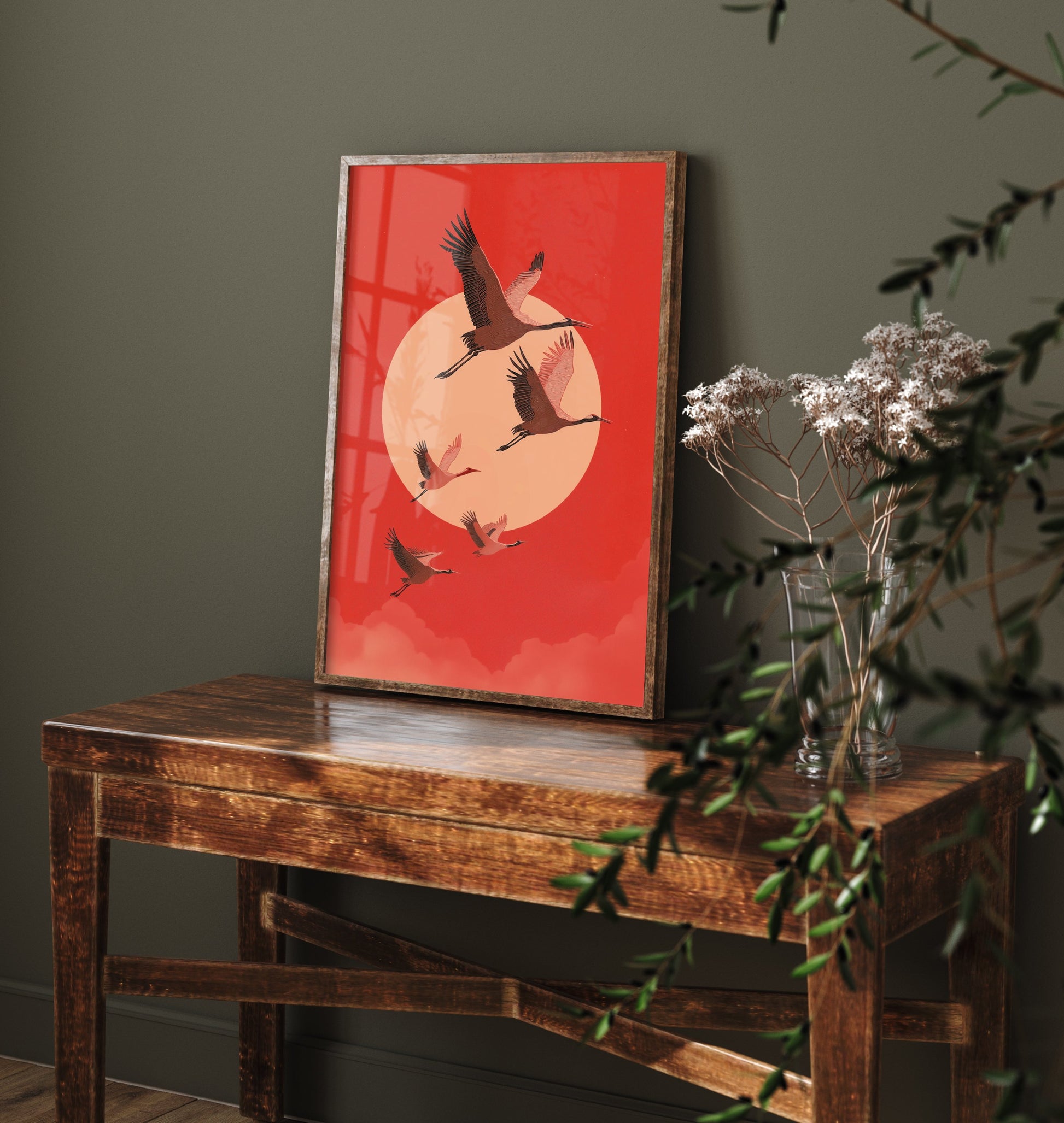 Flying Cranes Red Moon Art Print - Minimalist Bird Illustration - Japandi Wall Art - Bold Red Bird Poster 3/3