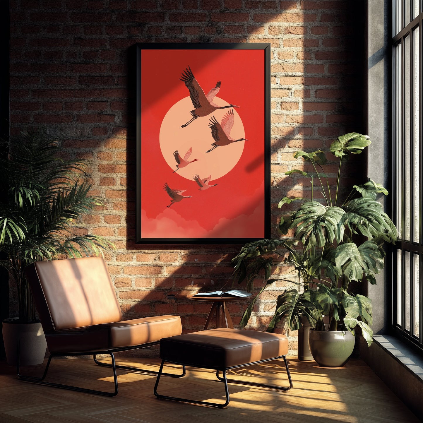 Flying Cranes Red Moon Art Print - Minimalist Bird Illustration - Japandi Wall Art - Bold Red Bird Poster 3/3