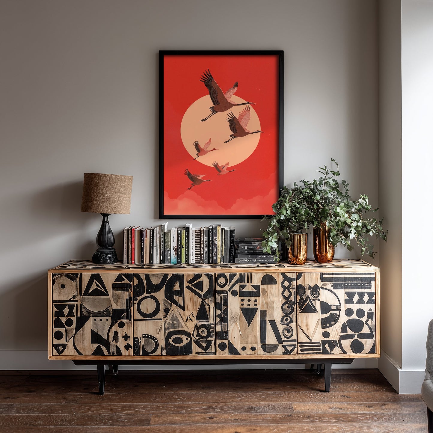 Flying Cranes Red Moon Art Print - Minimalist Bird Illustration - Japandi Wall Art - Bold Red Bird Poster 3/3