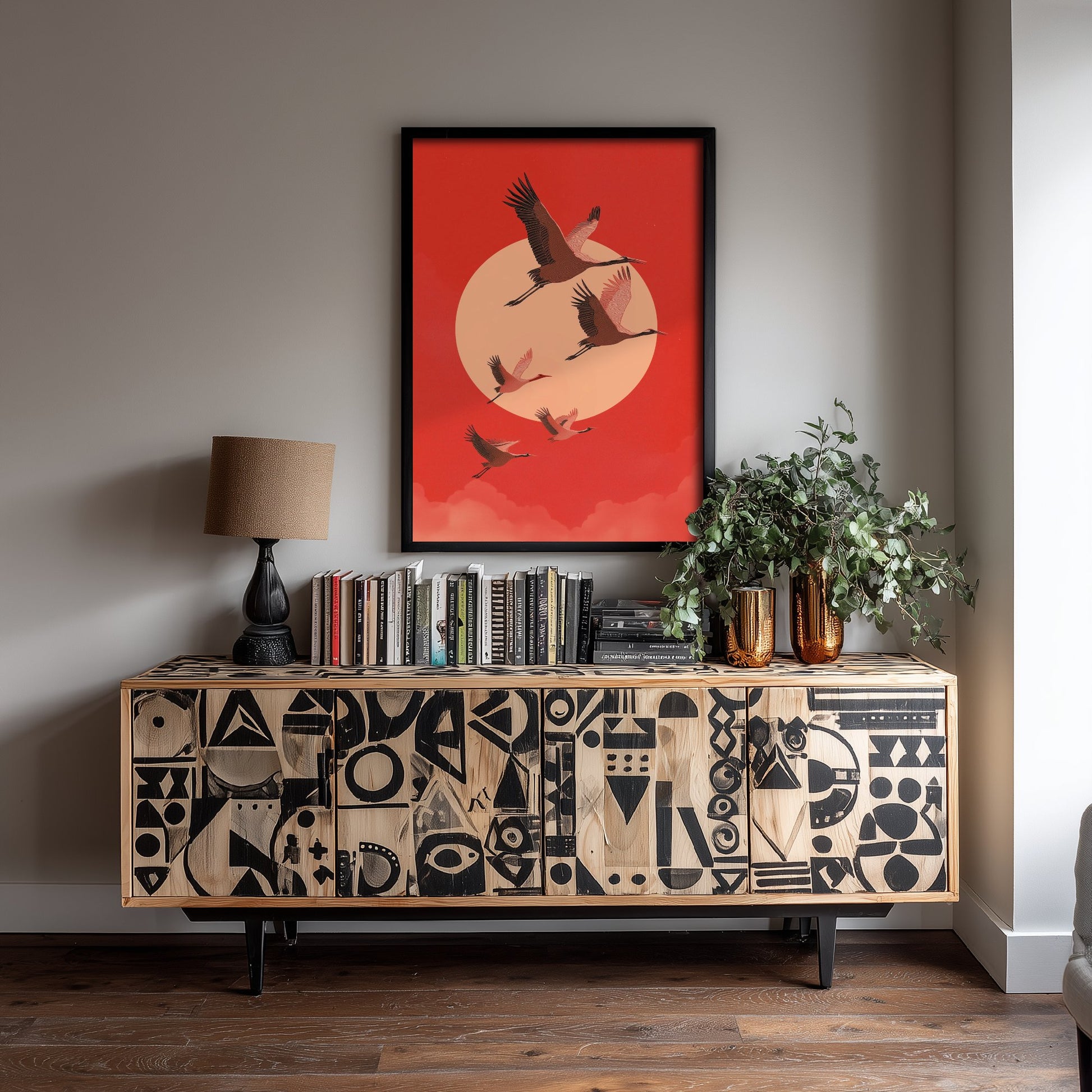 Flying Cranes Red Moon Art Print - Minimalist Bird Illustration - Japandi Wall Art - Bold Red Bird Poster 3/3