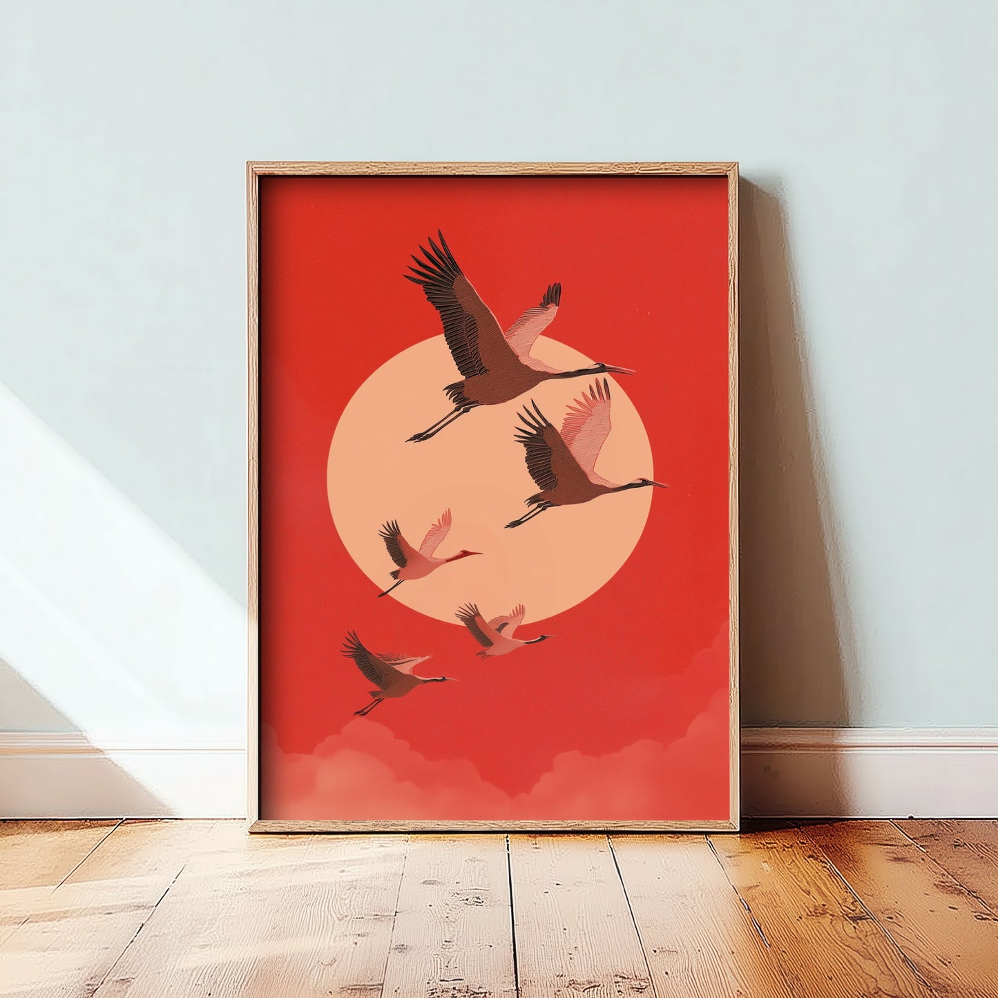 Flying Cranes Red Moon Art Print - Minimalist Bird Illustration - Japandi Wall Art - Bold Red Bird Poster 3/3