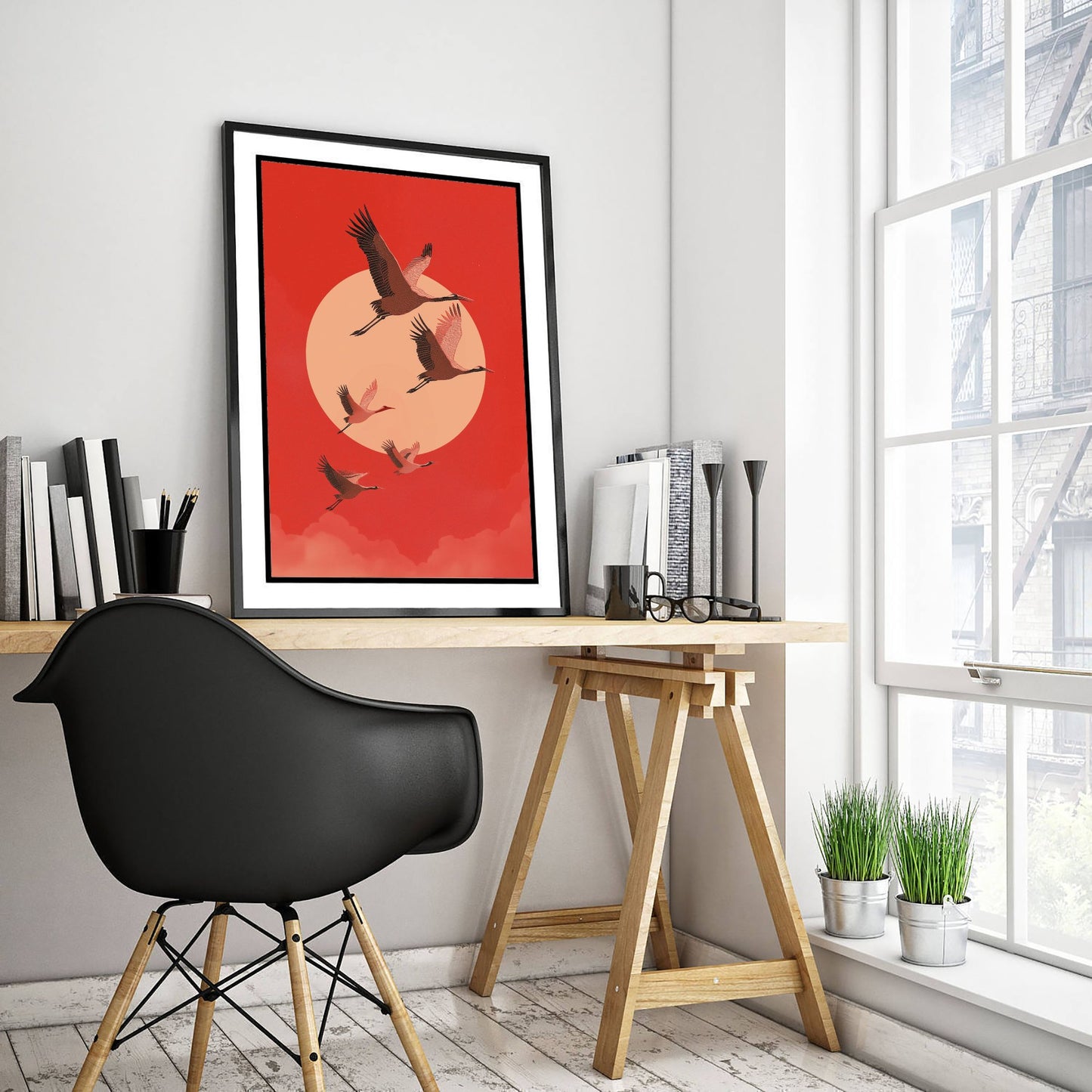 Flying Cranes Red Moon Art Print - Minimalist Bird Illustration - Japandi Wall Art - Bold Red Bird Poster 3/3