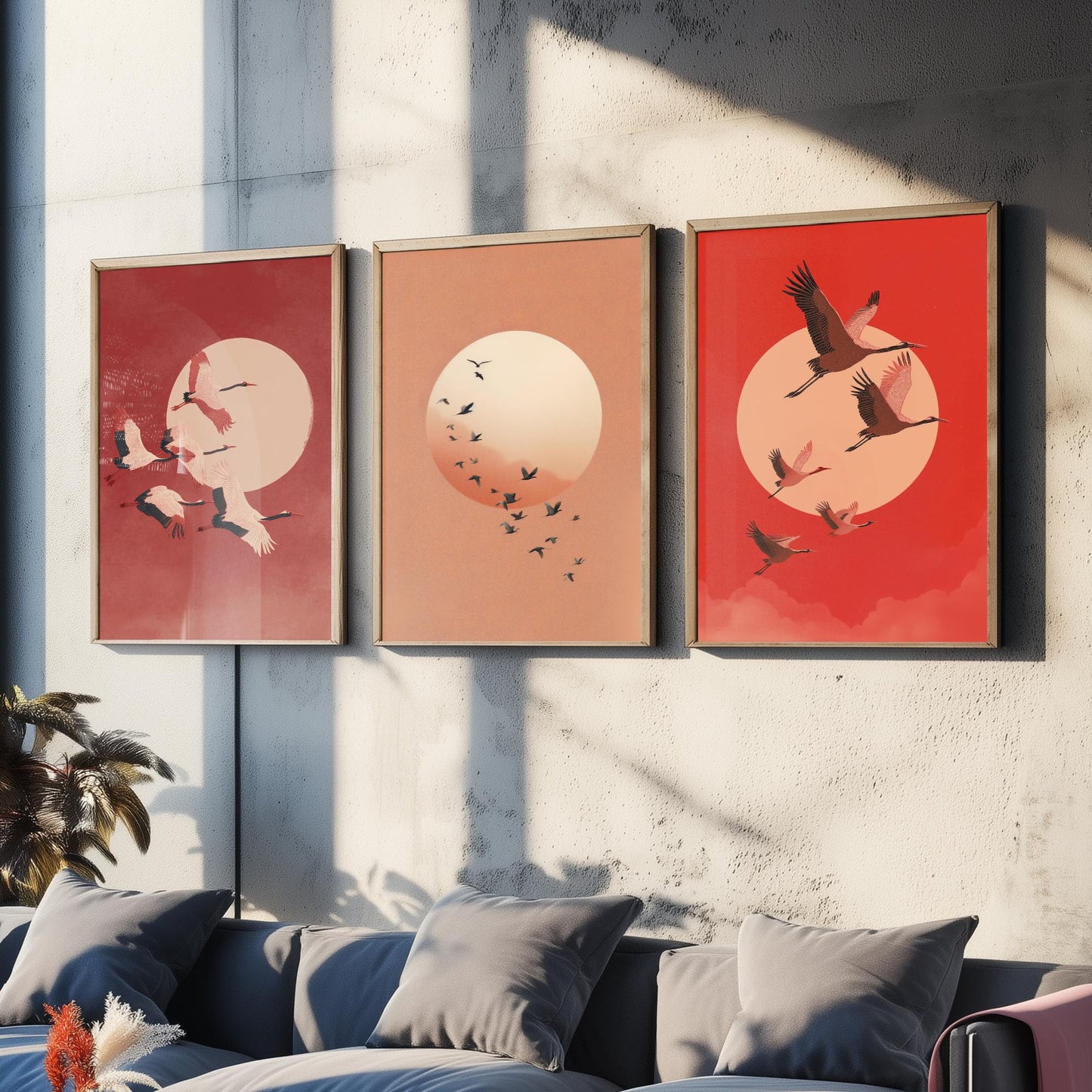 Red Cranes Set of Three Art Prints - Birds and Rising Sun Posters - Japandi Style Crimson Bird Flock Illustration Wall Decor