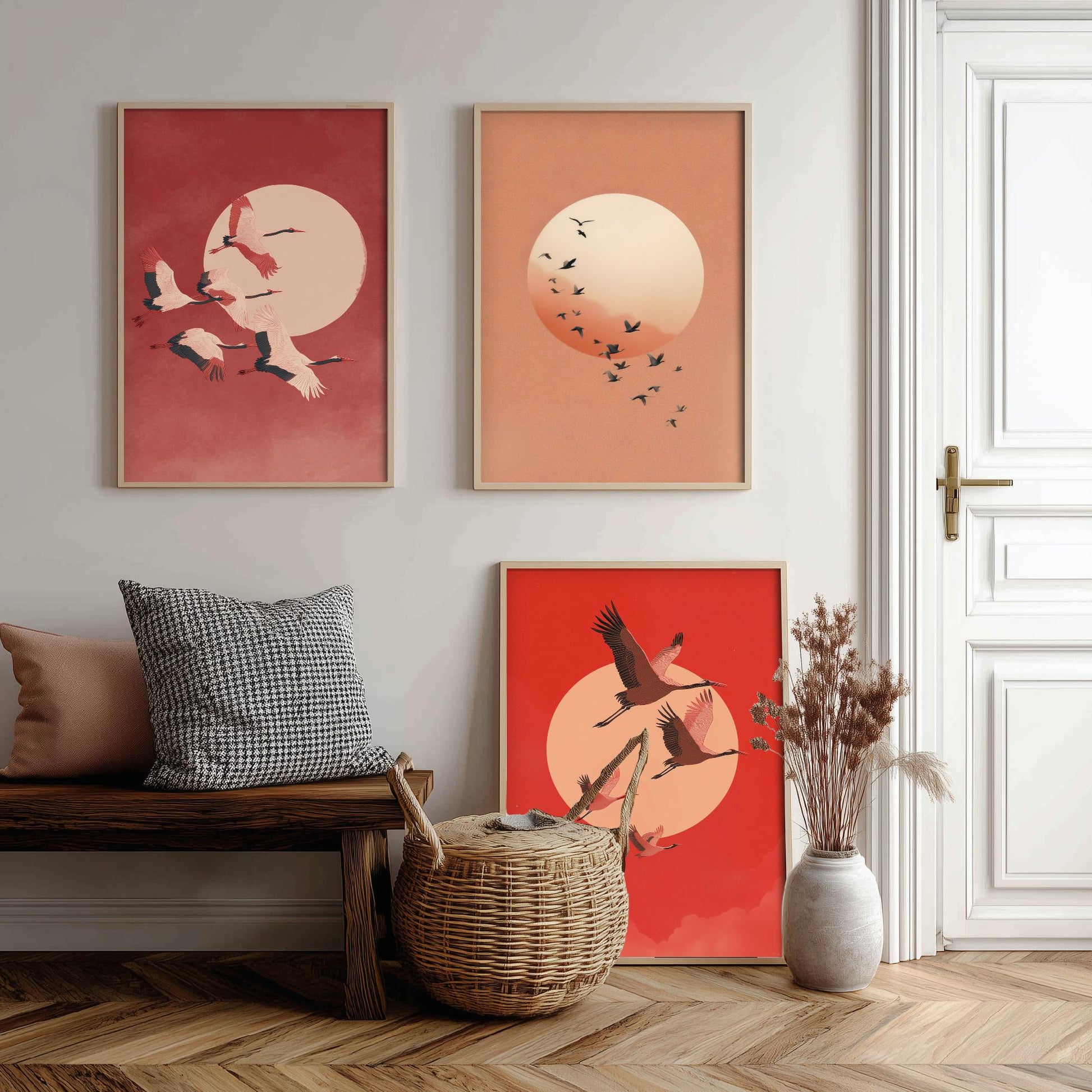 Red Cranes Set of Three Art Prints - Birds and Rising Sun Posters - Japandi Style Crimson Bird Flock Illustration Wall Decor
