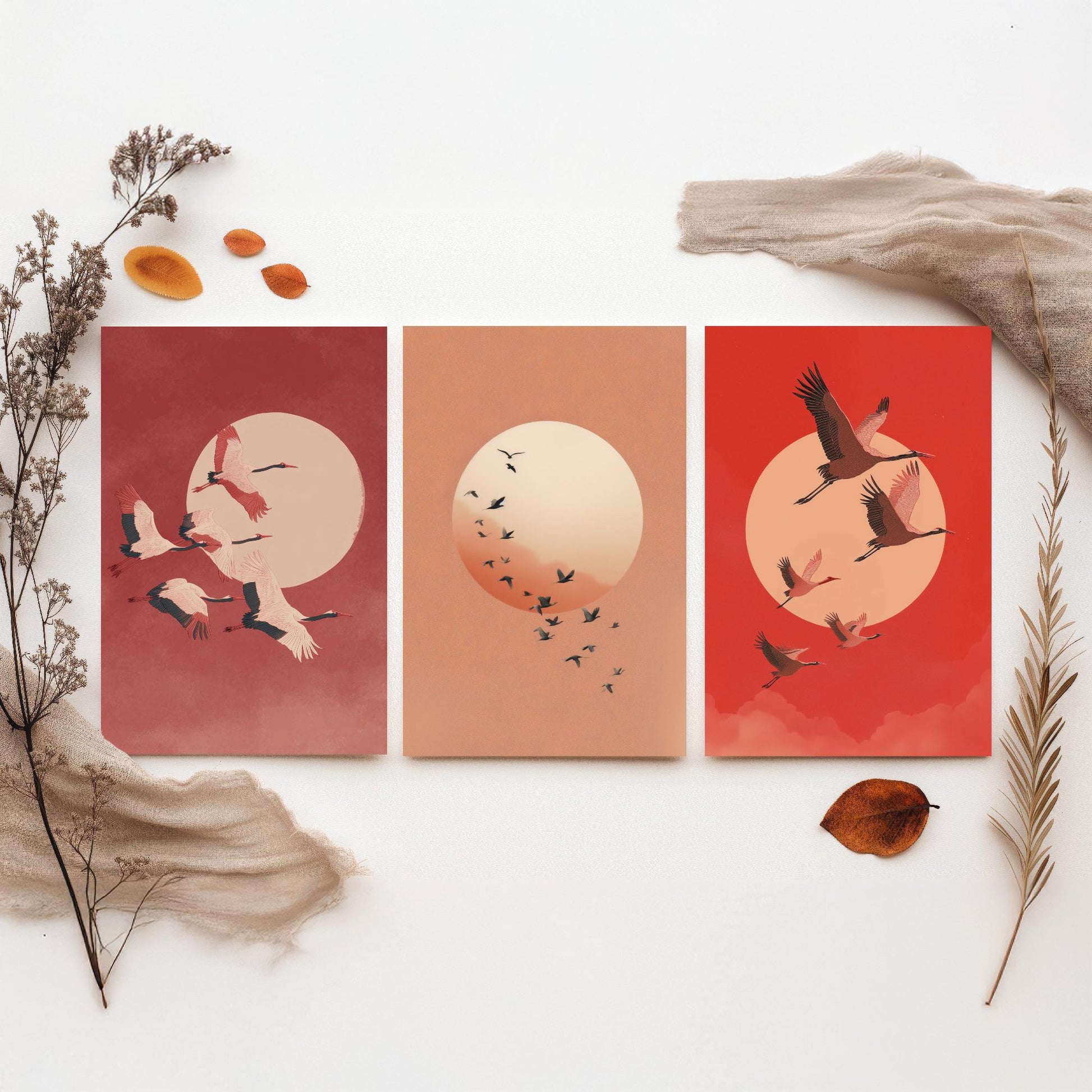 Red Cranes Set of Three Art Prints - Birds and Rising Sun Posters - Japandi Style Crimson Bird Flock Illustration Wall Decor