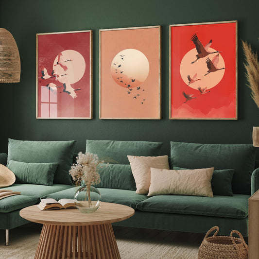 Red Cranes Set of Three Art Prints - Birds and Rising Sun Posters - Japandi Style Crimson Bird Flock Illustration Wall Decor