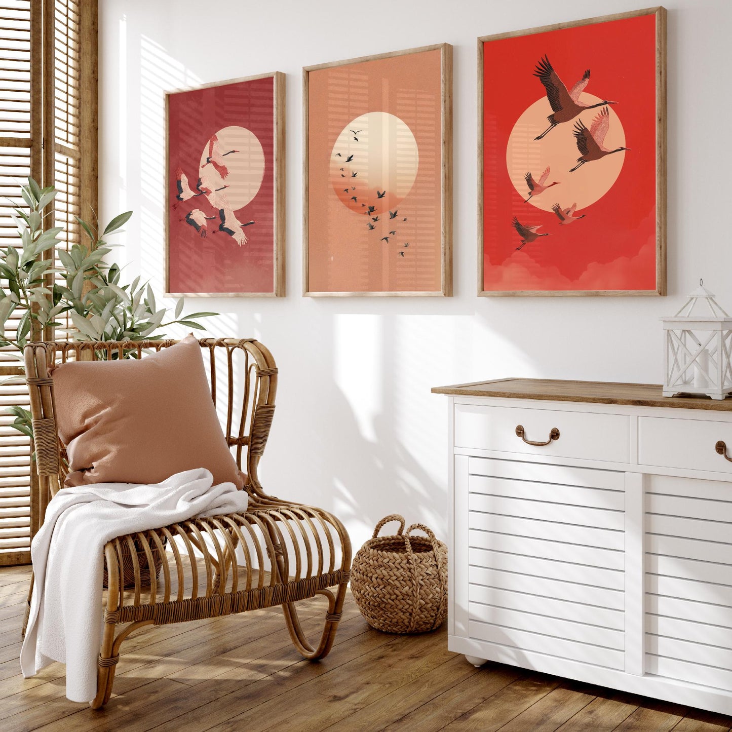 Red Cranes Set of Three Art Prints - Birds and Rising Sun Posters - Japandi Style Crimson Bird Flock Illustration Wall Decor