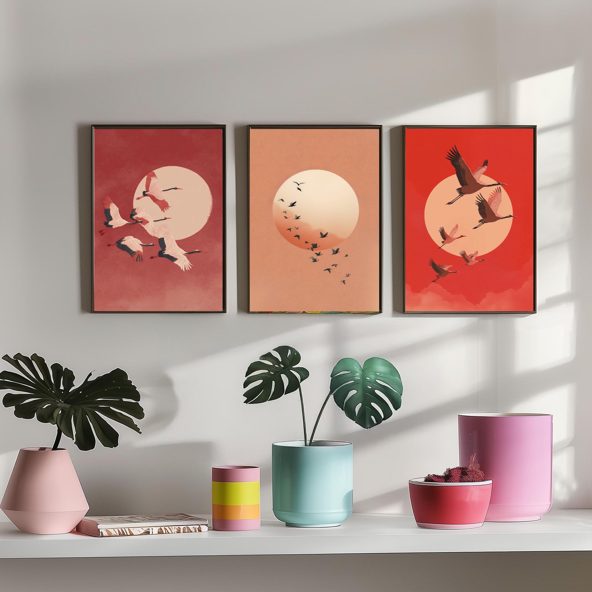 Red Cranes Set of Three Art Prints - Birds and Rising Sun Posters - Japandi Style Crimson Bird Flock Illustration Wall Decor