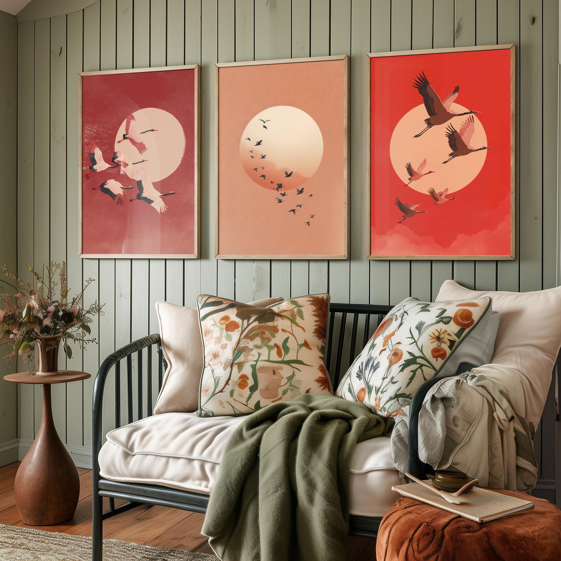 Red Cranes Set of Three Art Prints - Birds and Rising Sun Posters - Japandi Style Crimson Bird Flock Illustration Wall Decor