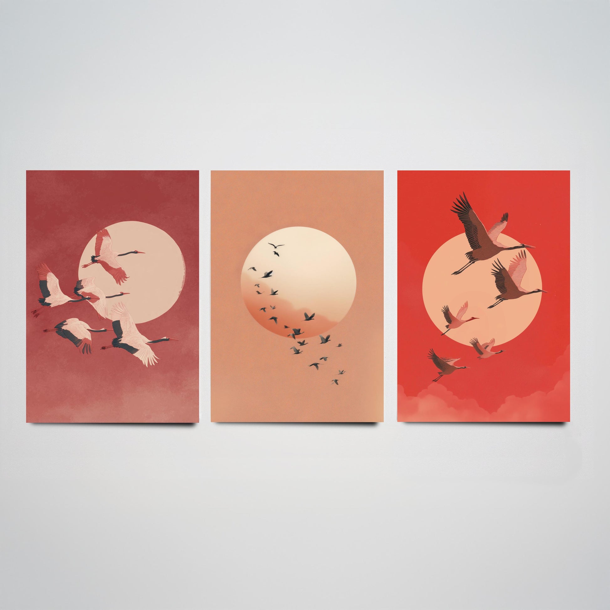 Red Cranes Set of Three Art Prints - Birds and Rising Sun Posters - Japandi Style Crimson Bird Flock Illustration Wall Decor