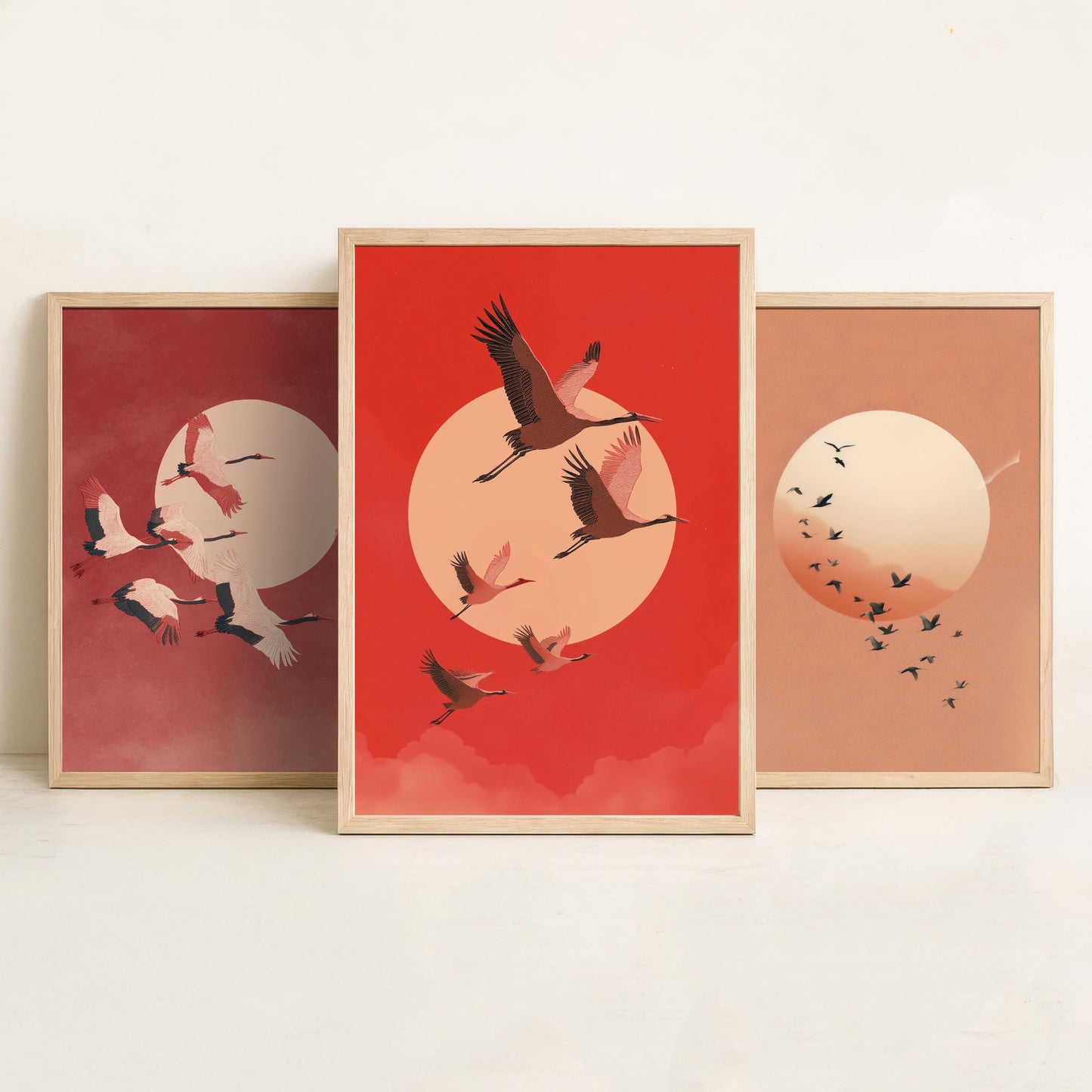 Red Cranes Set of Three Art Prints - Birds and Rising Sun Posters - Japandi Style Crimson Bird Flock Illustration Wall Decor