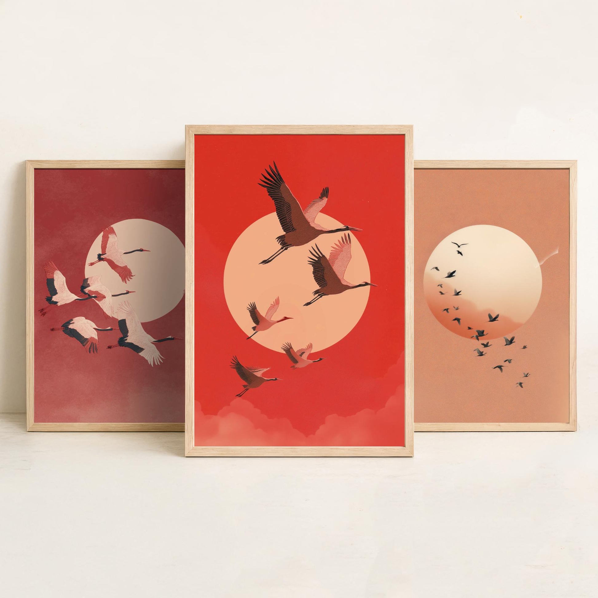 Red Cranes Set of Three Art Prints - Birds and Rising Sun Posters - Japandi Style Crimson Bird Flock Illustration Wall Decor