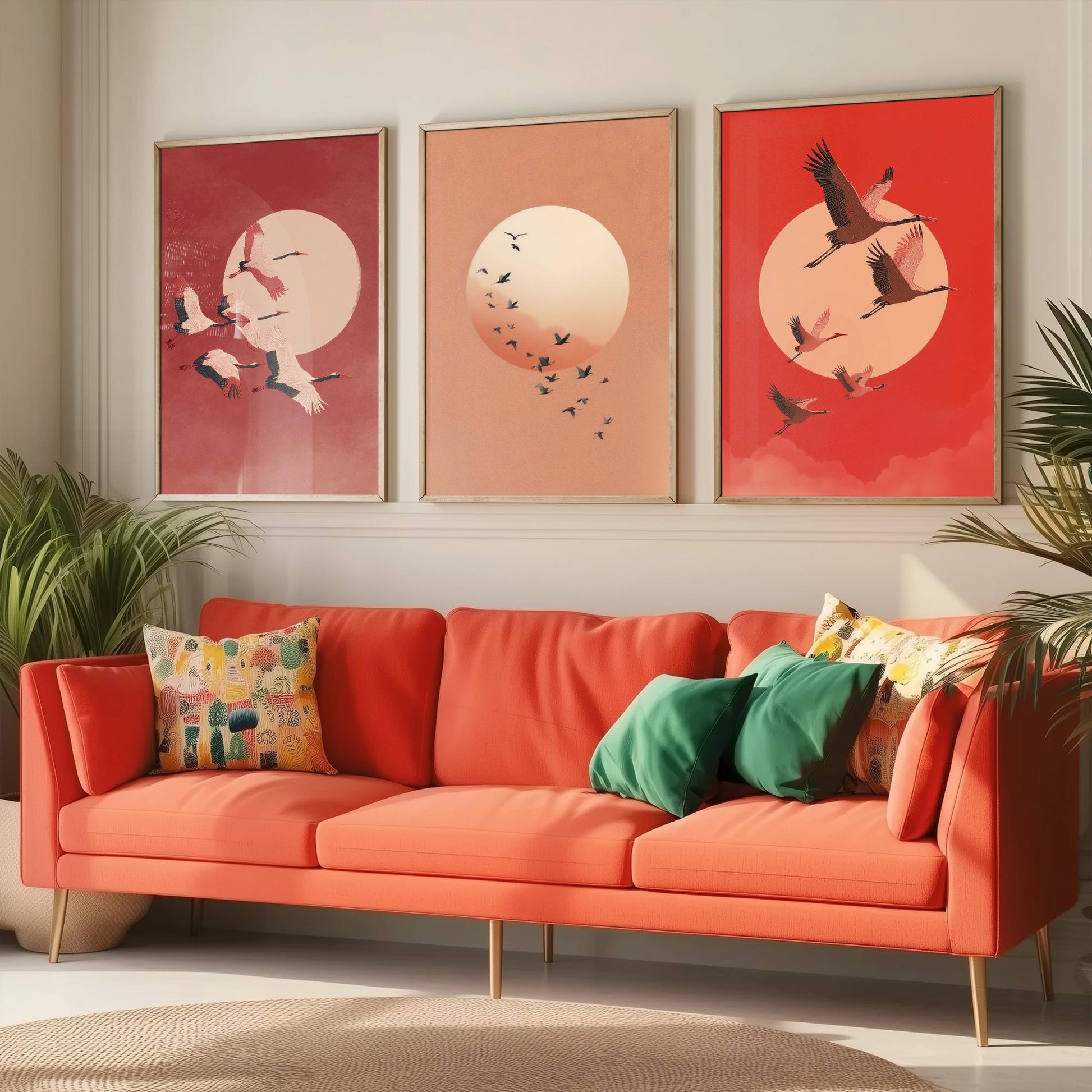 Red Cranes Set of Three Art Prints - Birds and Rising Sun Posters - Japandi Style Crimson Bird Flock Illustration Wall Decor