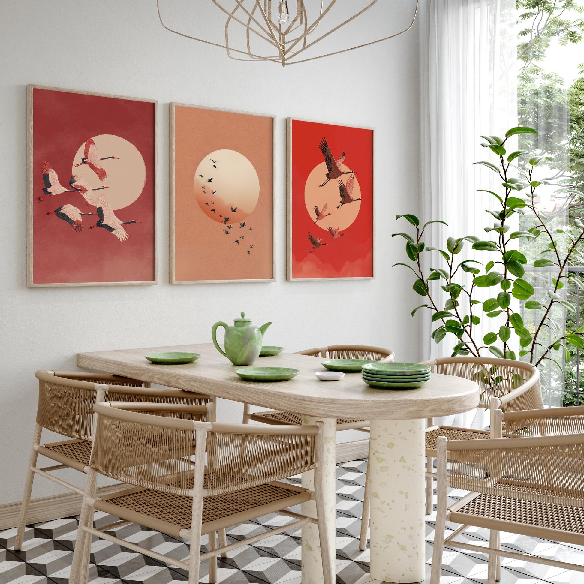 Red Cranes Set of Three Art Prints - Birds and Rising Sun Posters - Japandi Style Crimson Bird Flock Illustration Wall Decor