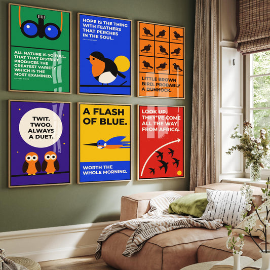 Set of Six Birdwatching Quote Art Prints - 6 Bauhaus Birder Posters - Minimalist Nature Illustration - Robin, Kingfisher, Owls