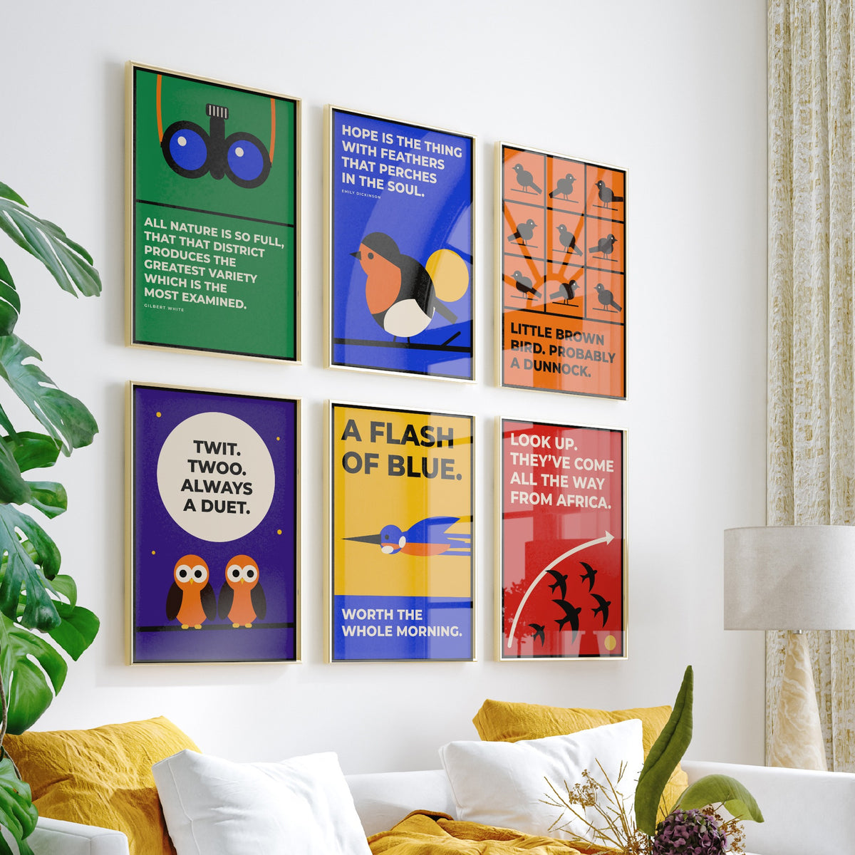 Set of Six Birdwatching Quote Art Prints - 6 Bauhaus Birder Posters - Minimalist Nature Illustration - Robin, Kingfisher, Owls