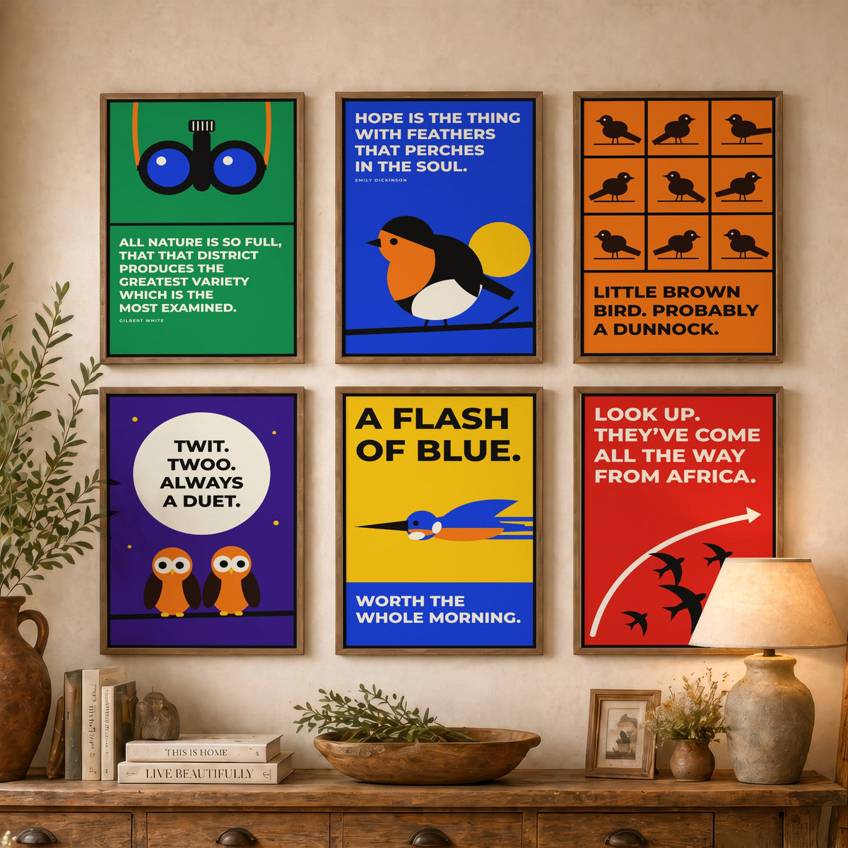 Set of Six Birdwatching Quote Art Prints - 6 Bauhaus Birder Posters - Minimalist Nature Illustration - Robin, Kingfisher, Owls