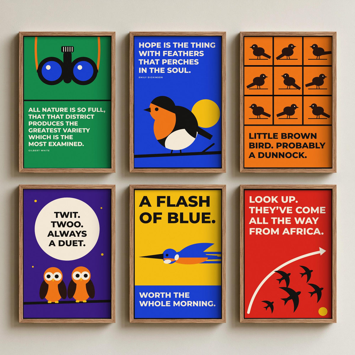 Set of Six Birdwatching Quote Art Prints - 6 Bauhaus Birder Posters - Minimalist Nature Illustration - Robin, Kingfisher, Owls