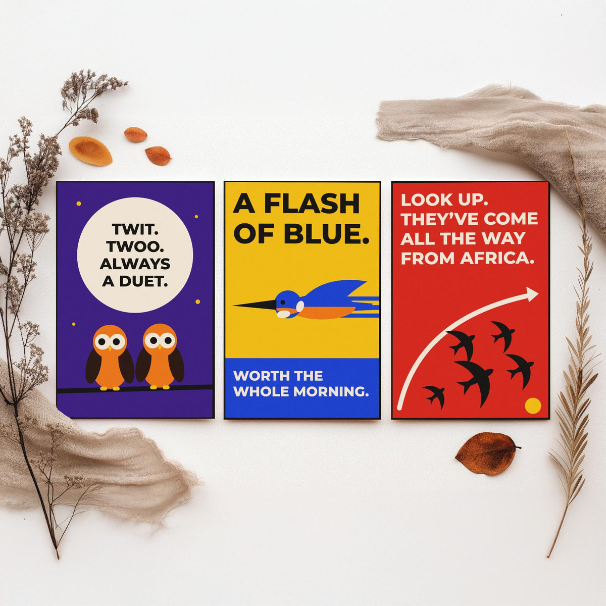 Birdwatching Quotes Set of Three Art Prints - 3 Retro Bauhaus Birder Posters - Minimalist Nature Wall Art Illustration V2