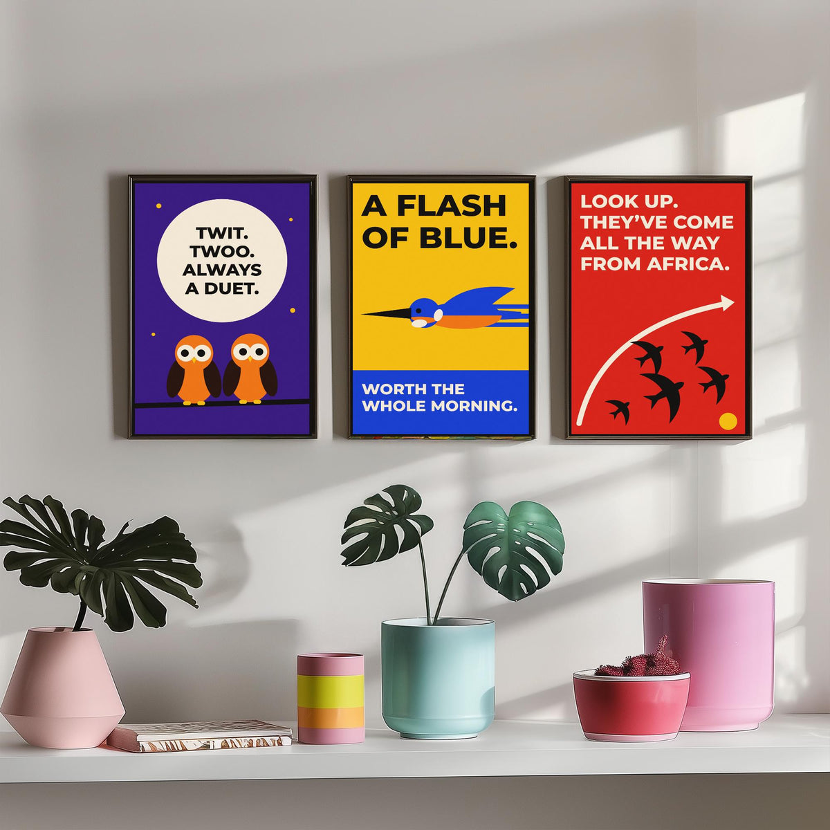 Birdwatching Quotes Set of Three Art Prints - 3 Retro Bauhaus Birder Posters - Minimalist Nature Wall Art Illustration V2