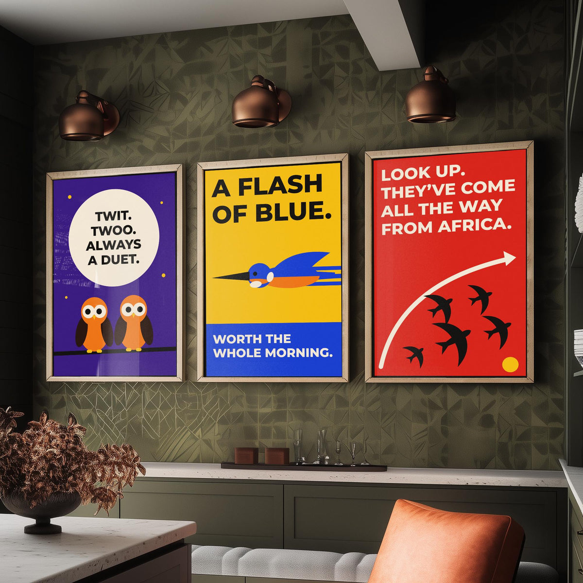 Birdwatching Quotes Set of Three Art Prints - 3 Retro Bauhaus Birder Posters - Minimalist Nature Wall Art Illustration V2
