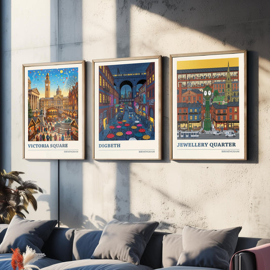 Birmingham Set of Three Art Prints - Victoria Square, Digbeth, Jewellery Quarter - 3 Folk Illustration Travel Posters - Brummie Painting