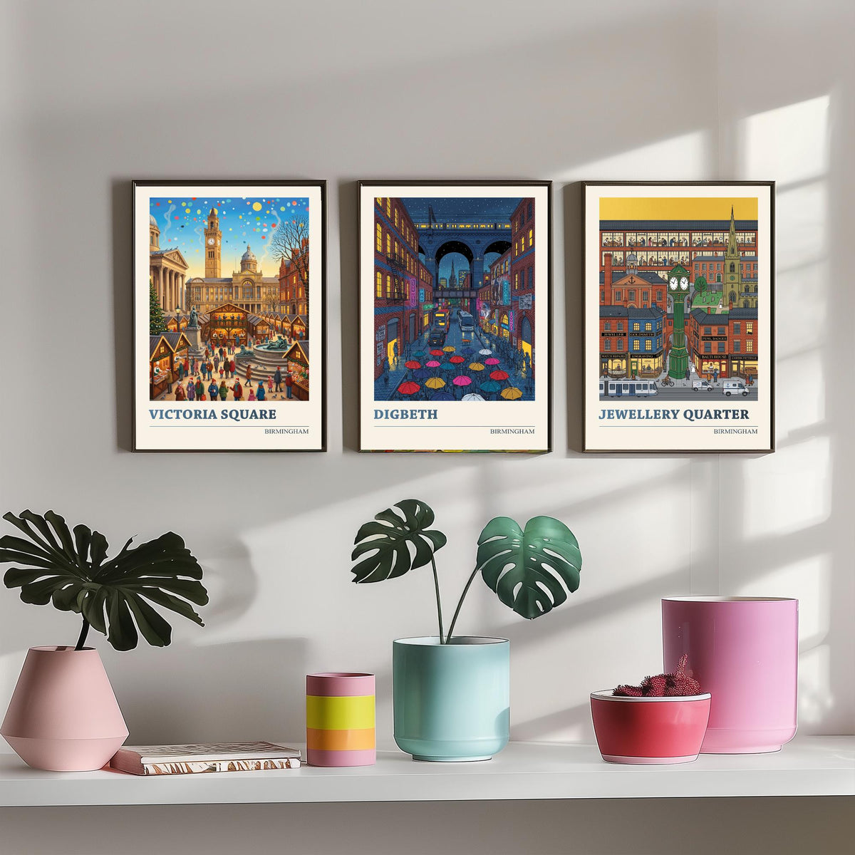 Birmingham Set of Three Art Prints - Victoria Square, Digbeth, Jewellery Quarter - 3 Folk Illustration Travel Posters - Brummie Painting